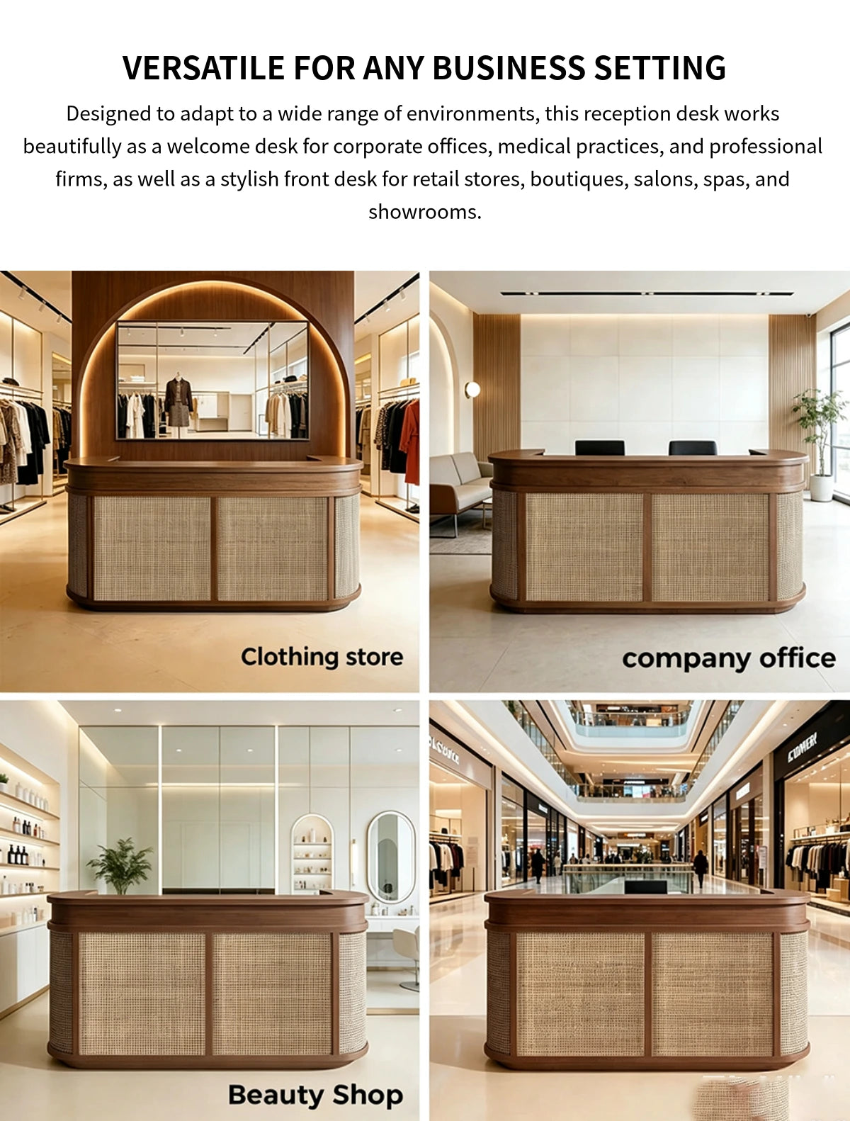 Curved Reception Desk 39-118 in Wide with Rattan, Keyboard Tray & File Drawers for Salon — Detail image 6