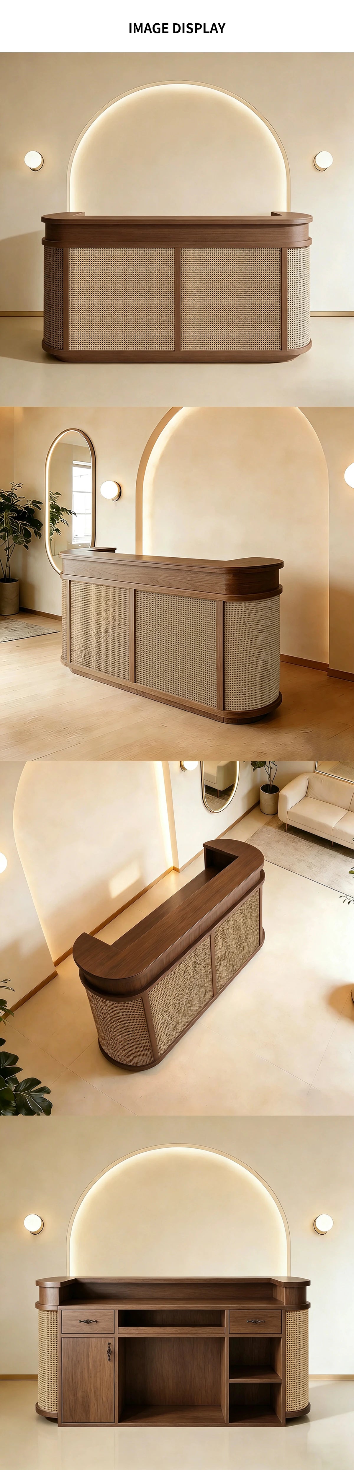 Curved Reception Desk 39-118 in Wide with Rattan, Keyboard Tray & File Drawers for Salon — Detail image 8