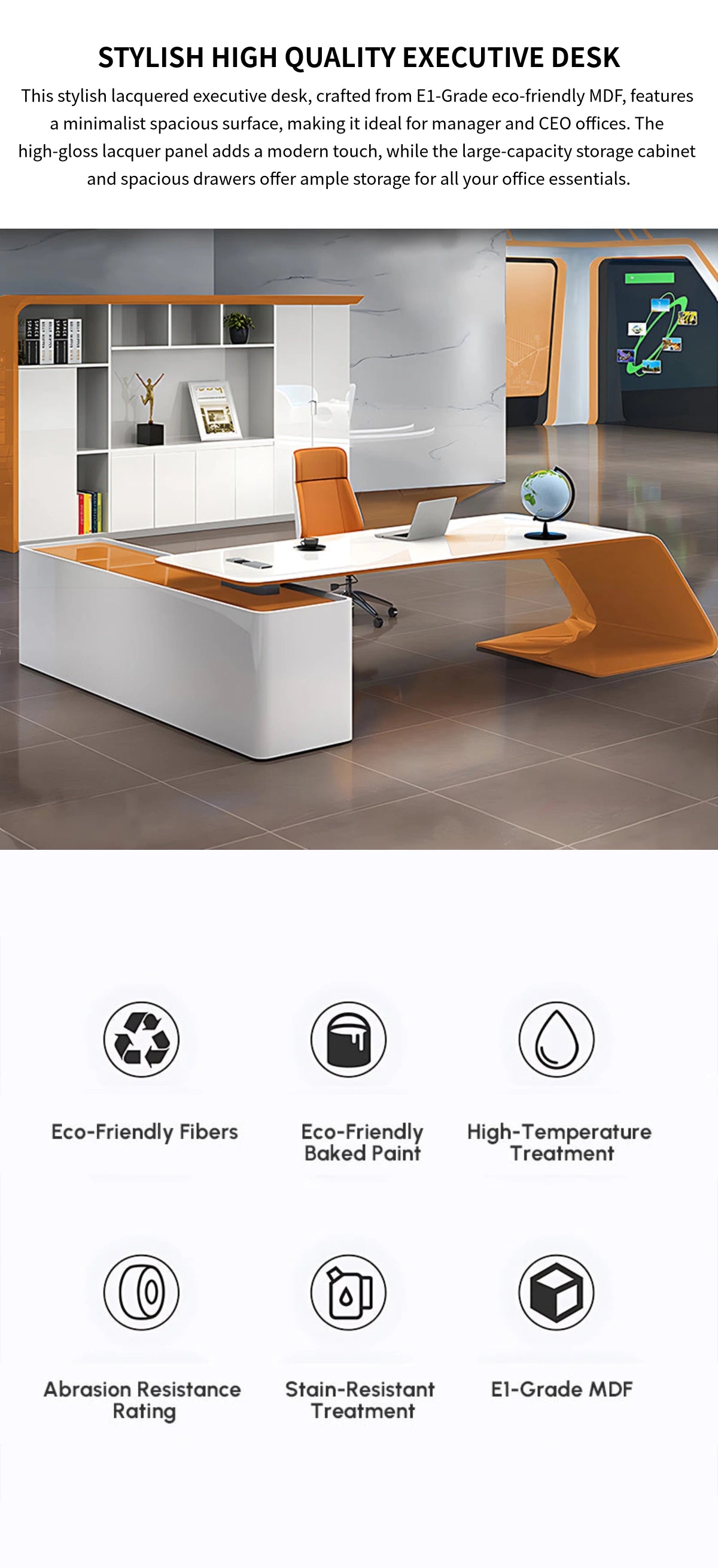 Modern Executive Desk with Cable Management, File Drawers & Lumbar Support for Home Office — Detail image 1