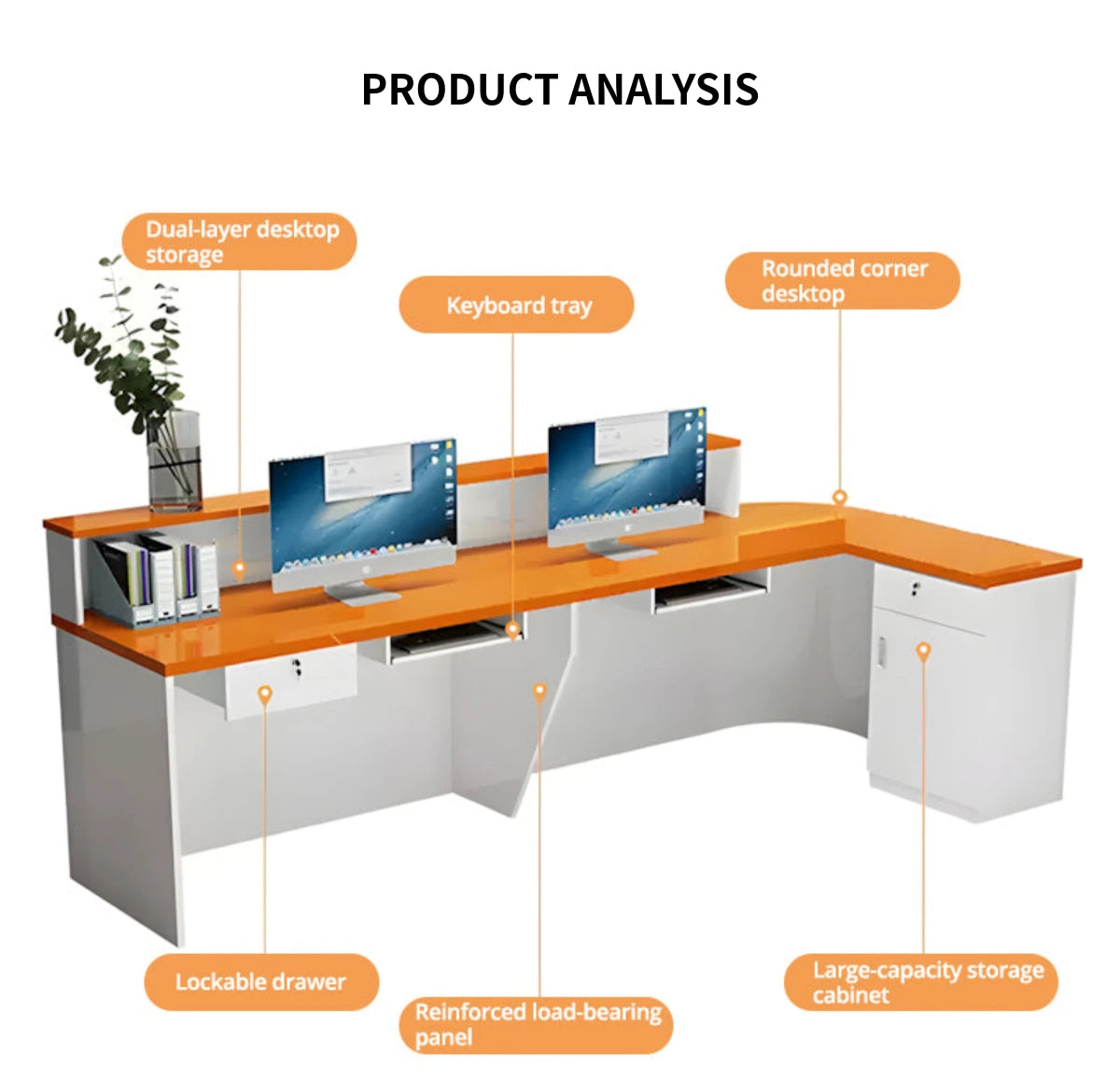 L-Shaped Reception Desk 71-118 in Wide with Lockable, Cable Management & LED Lighting — Detail image 6