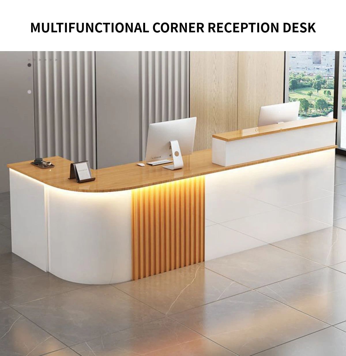 L-Shaped Reception Desk 47-150 in Wide with Keyboard Tray, Lockable & Transaction Counter — Detail image 1