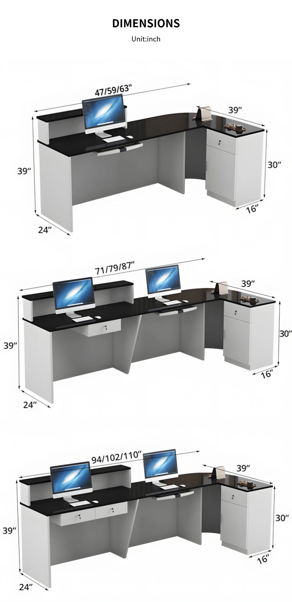 L-Shaped Reception Desk 47-150 in Wide with Keyboard Tray, Lockable & Transaction Counter — Detail image 16