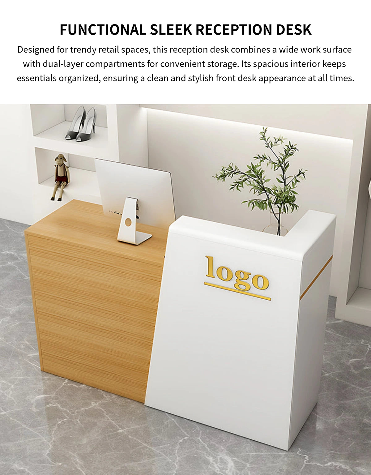 Curved Reception Desk 31-55 in Wide with Dual-Tone, Keyboard Tray & Lockable for Salon — Detail image 1