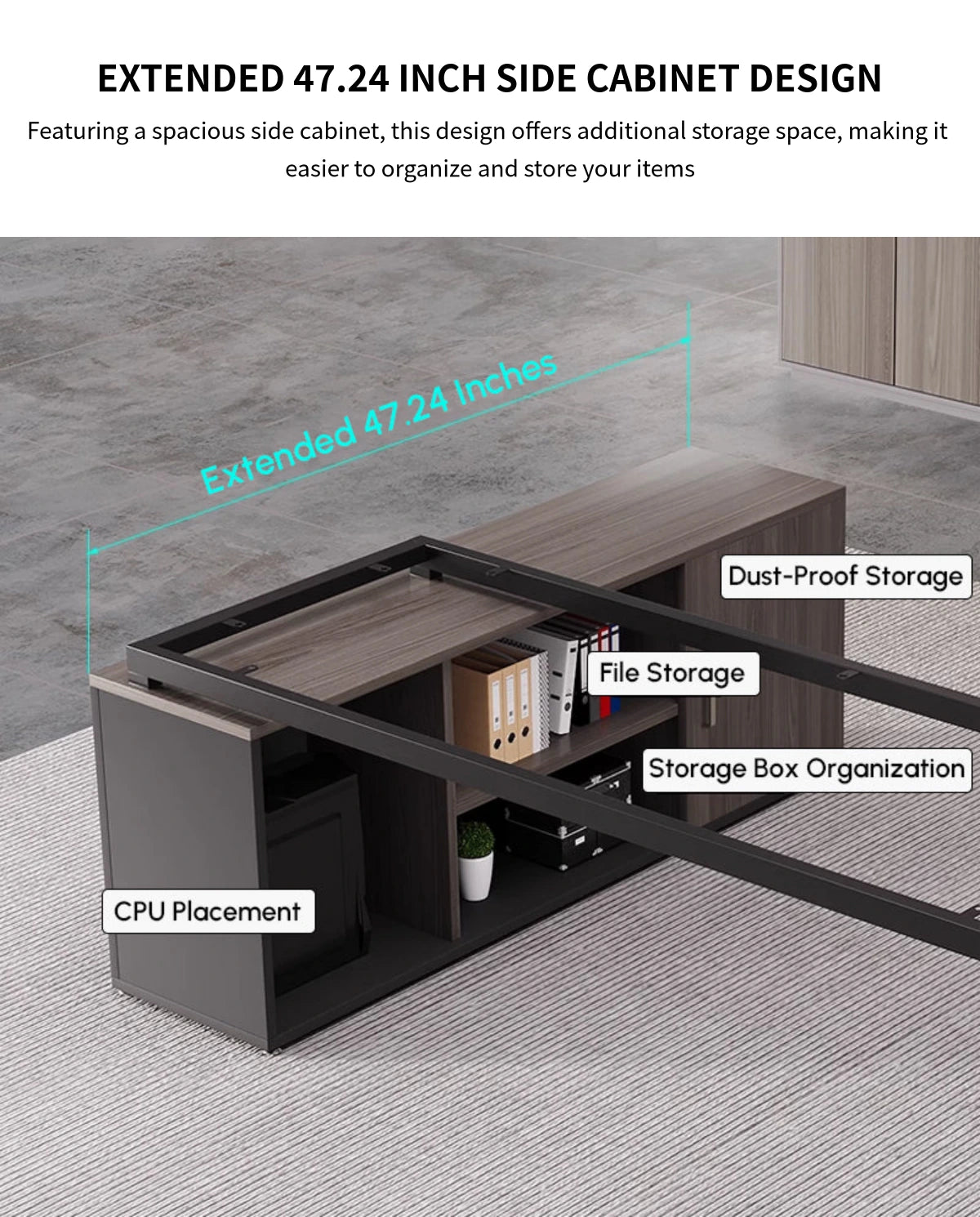 Modern Executive Desk with Curved, Cable Management & Side Storage for Home Office — Detail image 9