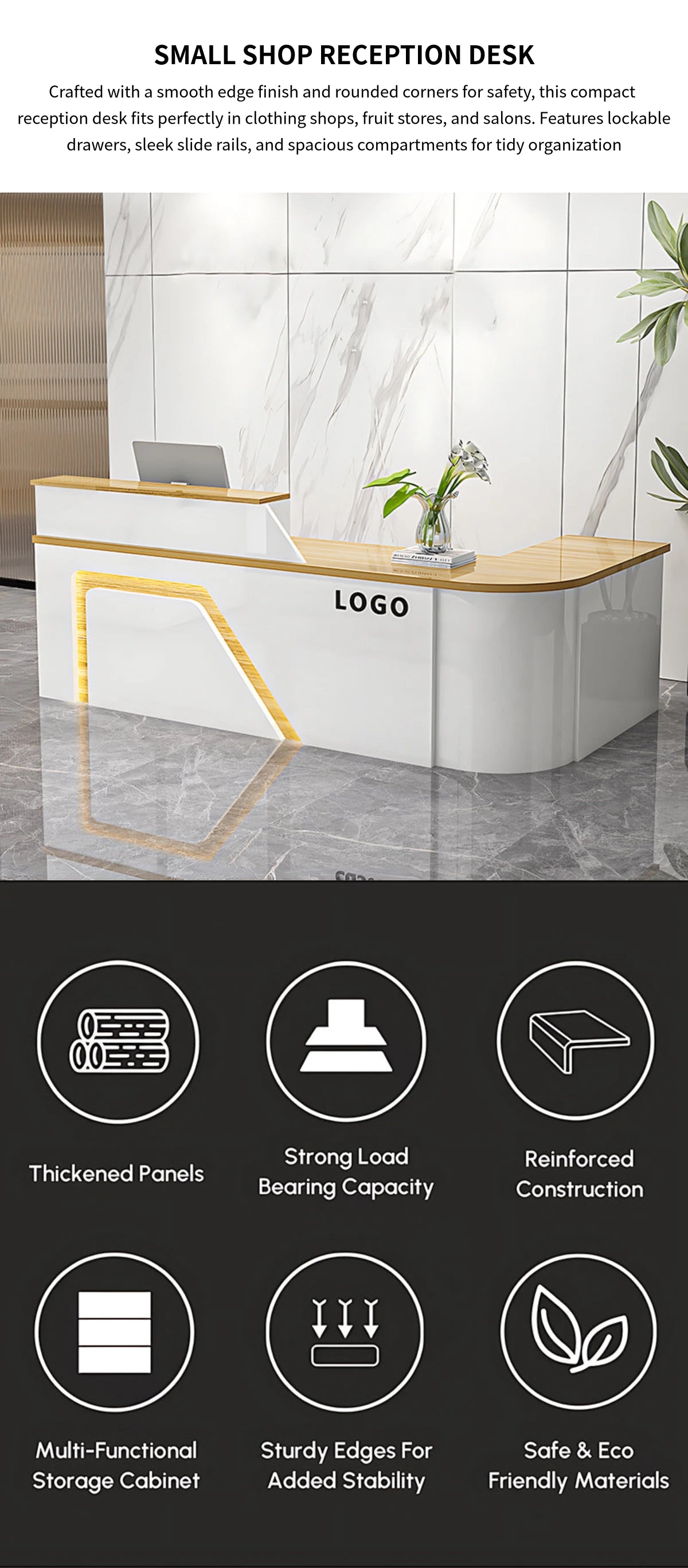 L-Shaped Reception Desk 63-94 in Wide with Keyboard Tray, File Drawers & Lockable — Detail image 1