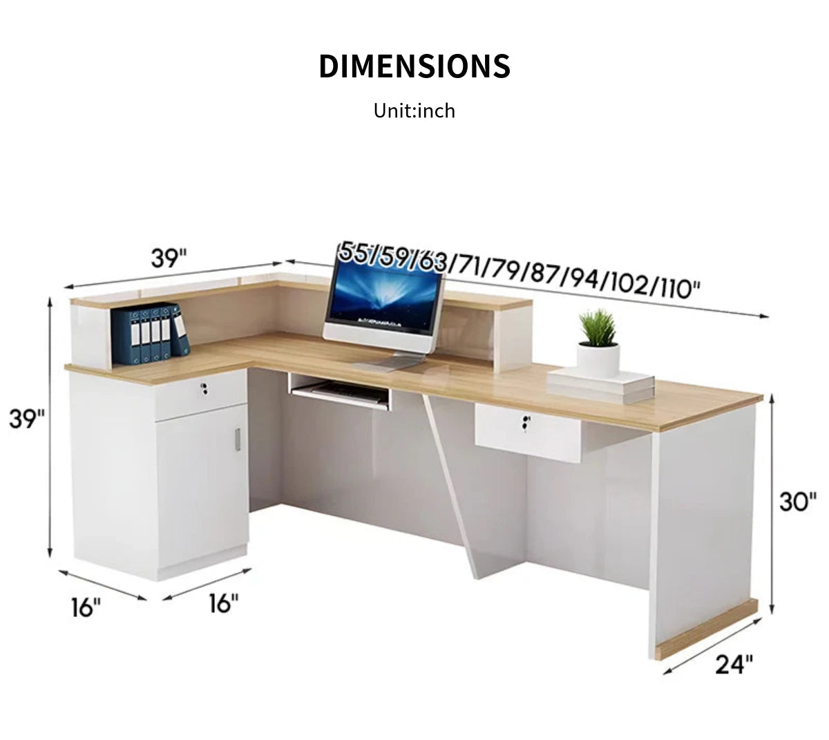Curved Reception Desk with Keyboard Tray, File Drawers & LED Lighting for Hotel Lobby — Detail image 13