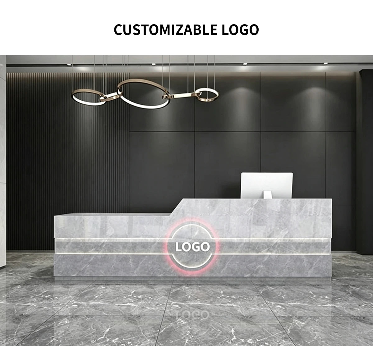Modern Reception Desk with Cable Management, Fluted Front & LED Lighting for Office Lobby — Detail image 2
