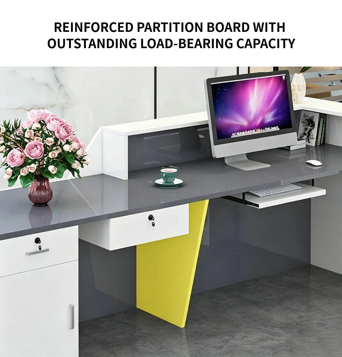 Modern Reception Desk with Cable Management, Fluted Front & LED Lighting for Office Lobby — Detail image 7