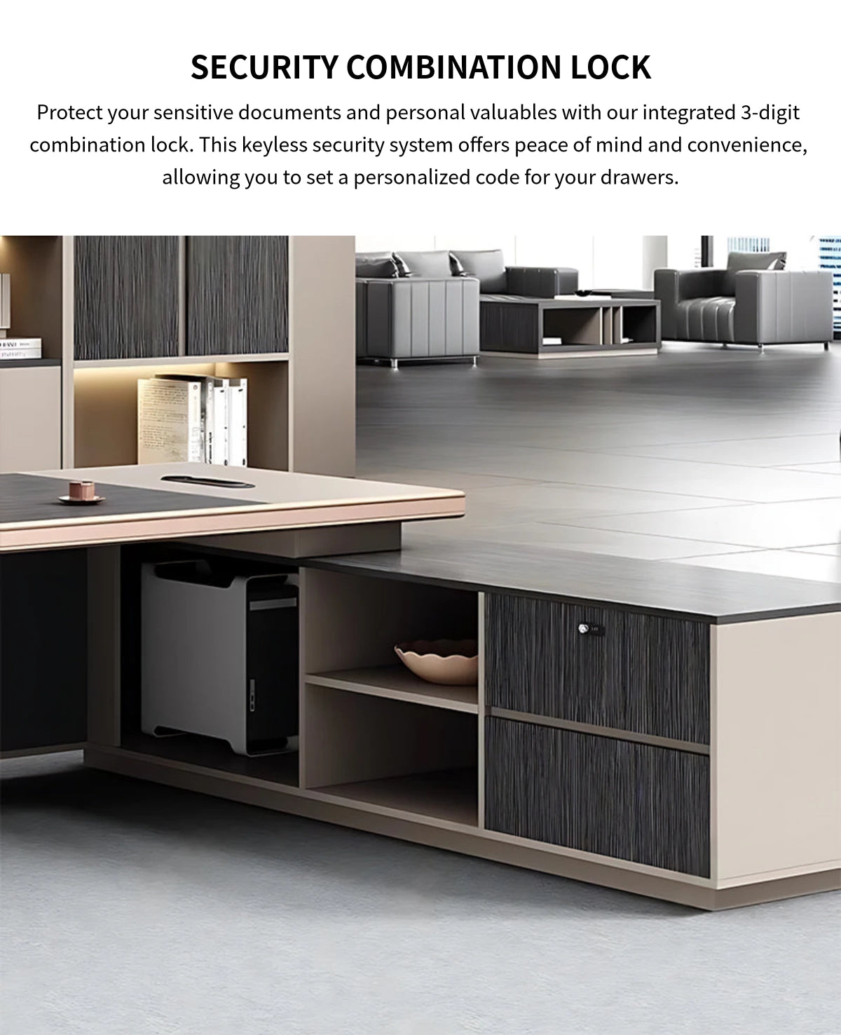 Modern Executive Desk with Wireless Charging, Built-In Outlets & Side Storage — Detail image 8