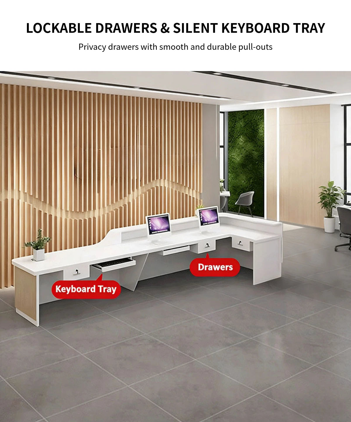 Modern Reception Desk with Keyboard Tray, Lockable & File Drawers for Office Lobby — Detail image 5