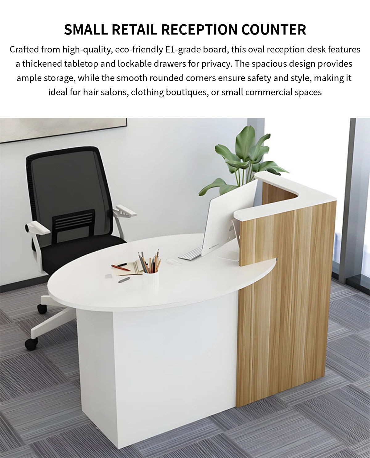 Oval Reception Desk 39-55 in Wide with Lockable & File Drawers for Salon — Detail image 1