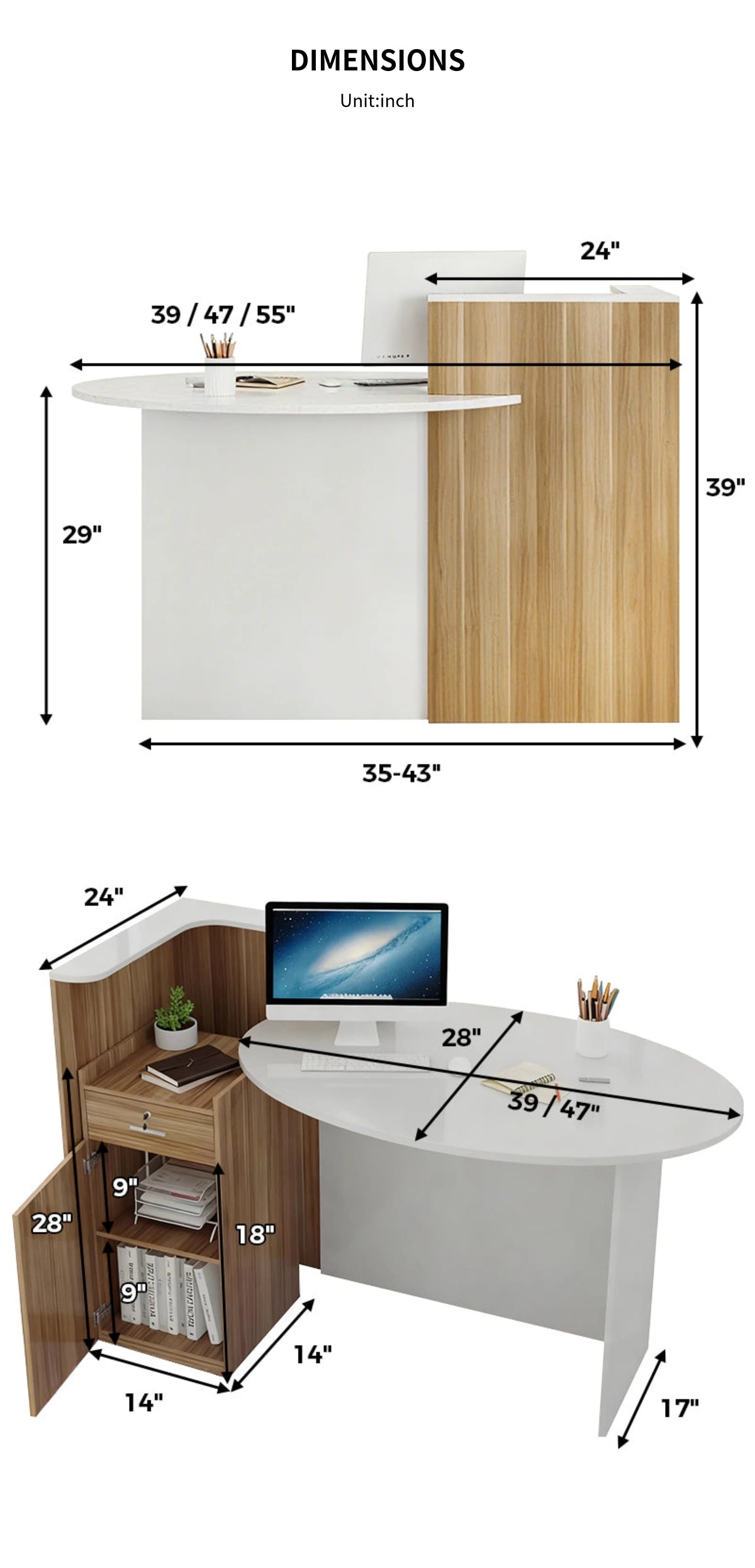 Oval Reception Desk 39-55 in Wide with Lockable & File Drawers for Salon — Detail image 11
