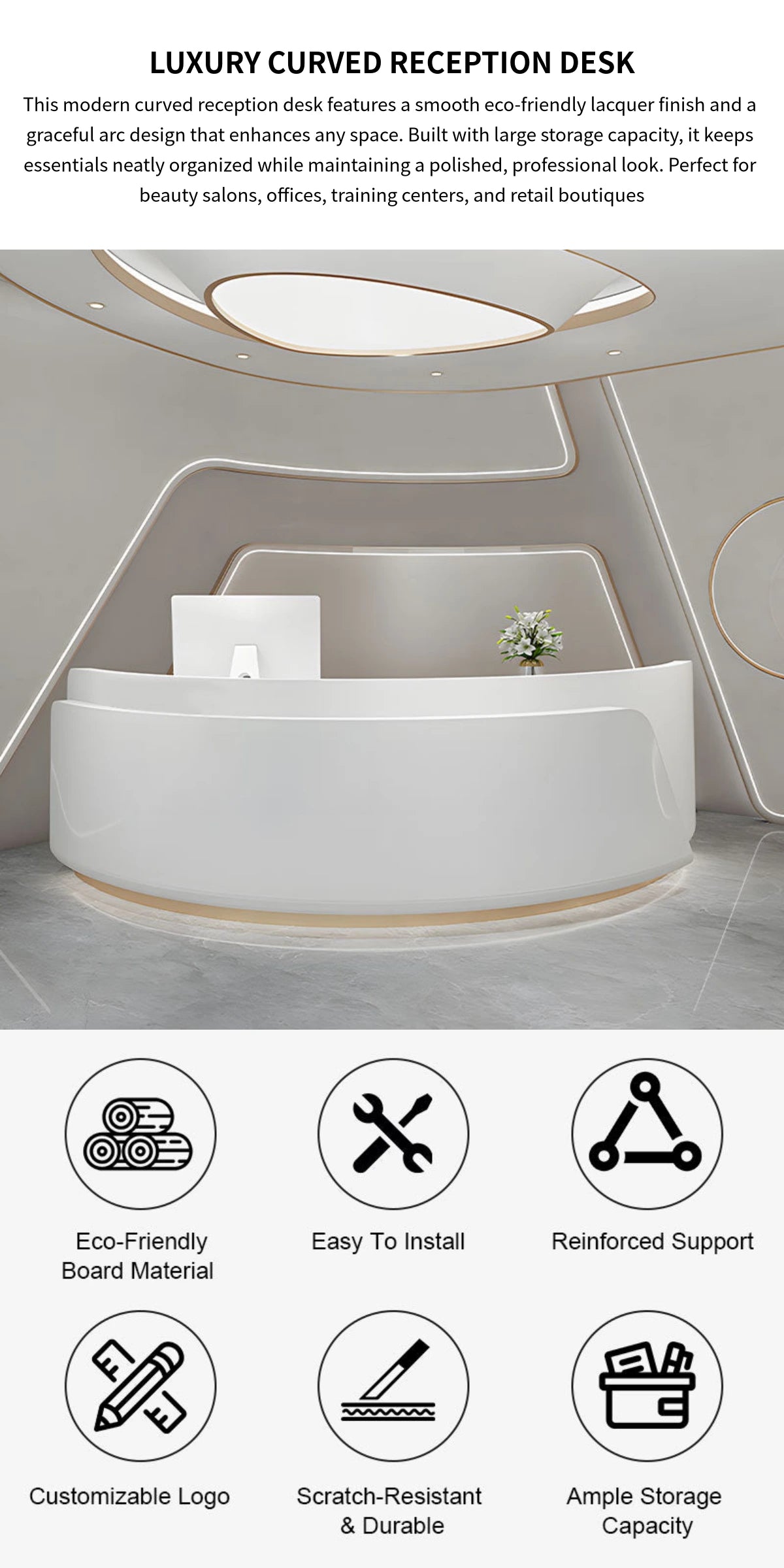 U-Shaped Reception Desk 79-118 in Wide with File Drawers for Salon — Detail image 1