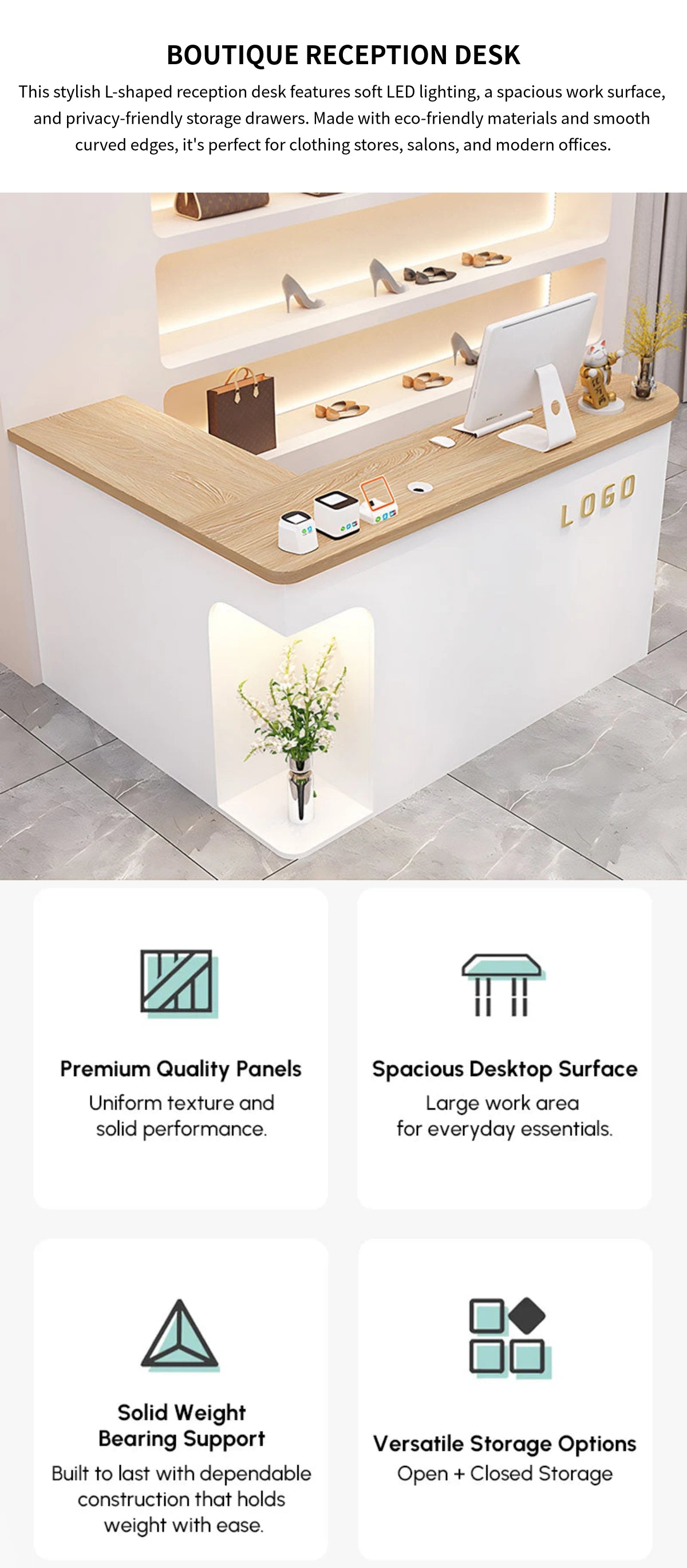 L-Shaped Reception Desk 59-79 in Wide with Cable Management, LED Lighting & File Drawers — Detail image 1