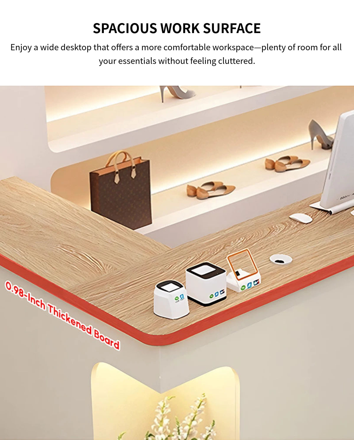 L-Shaped Reception Desk 59-79 in Wide with Cable Management, LED Lighting & File Drawers — Detail image 4