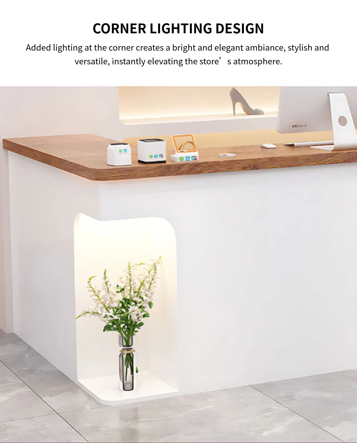 L-Shaped Reception Desk 59-79 in Wide with Cable Management, LED Lighting & File Drawers — Detail image 6