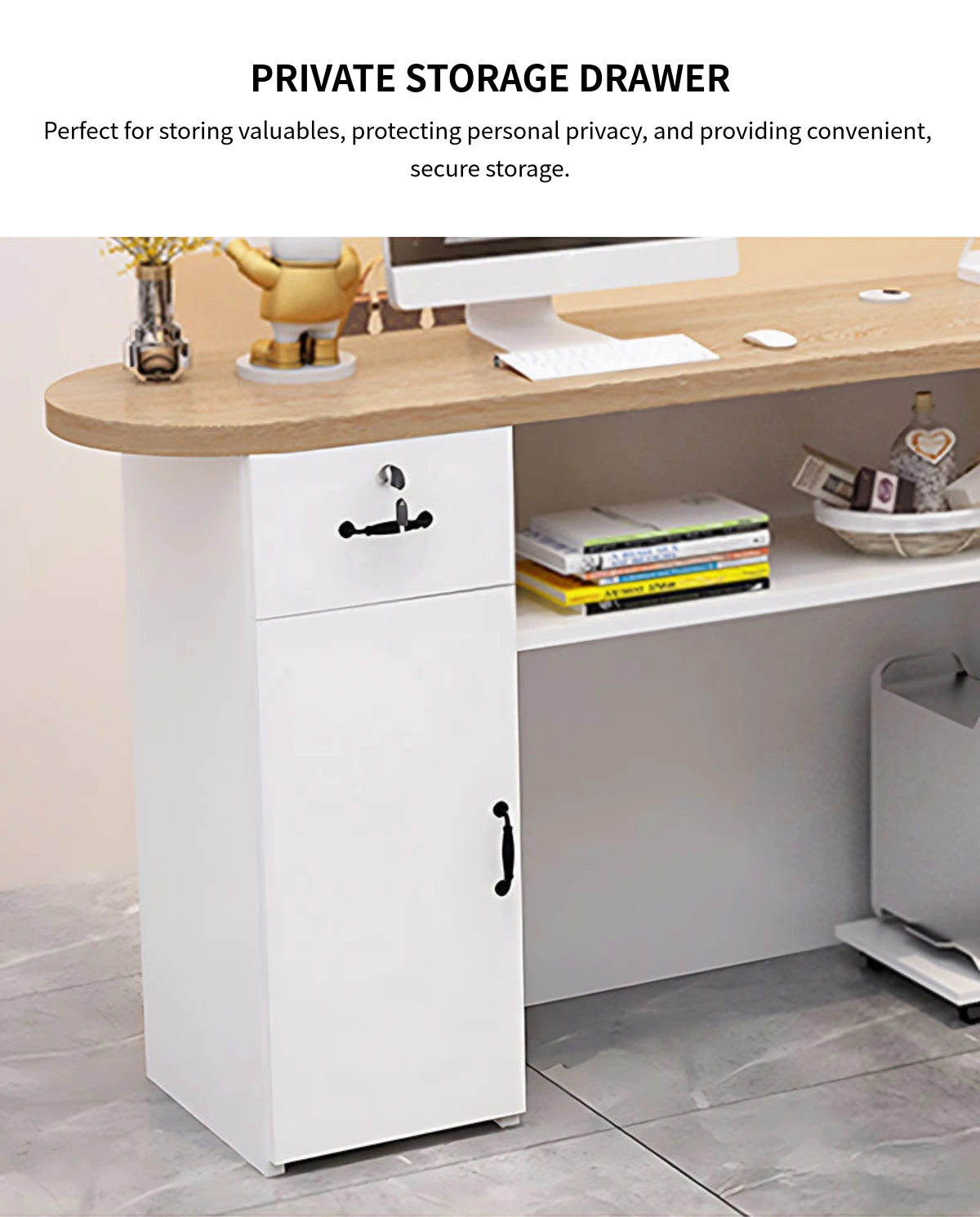 L-Shaped Reception Desk 59-79 in Wide with Cable Management, LED Lighting & File Drawers — Detail image 7