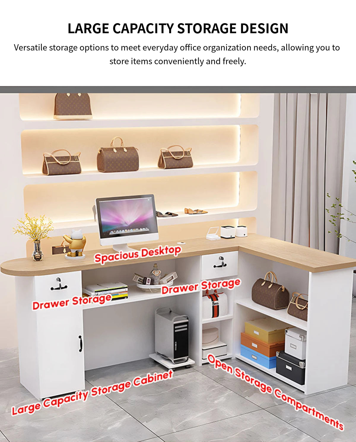L-Shaped Reception Desk 59-79 in Wide with Cable Management, LED Lighting & File Drawers — Detail image 8