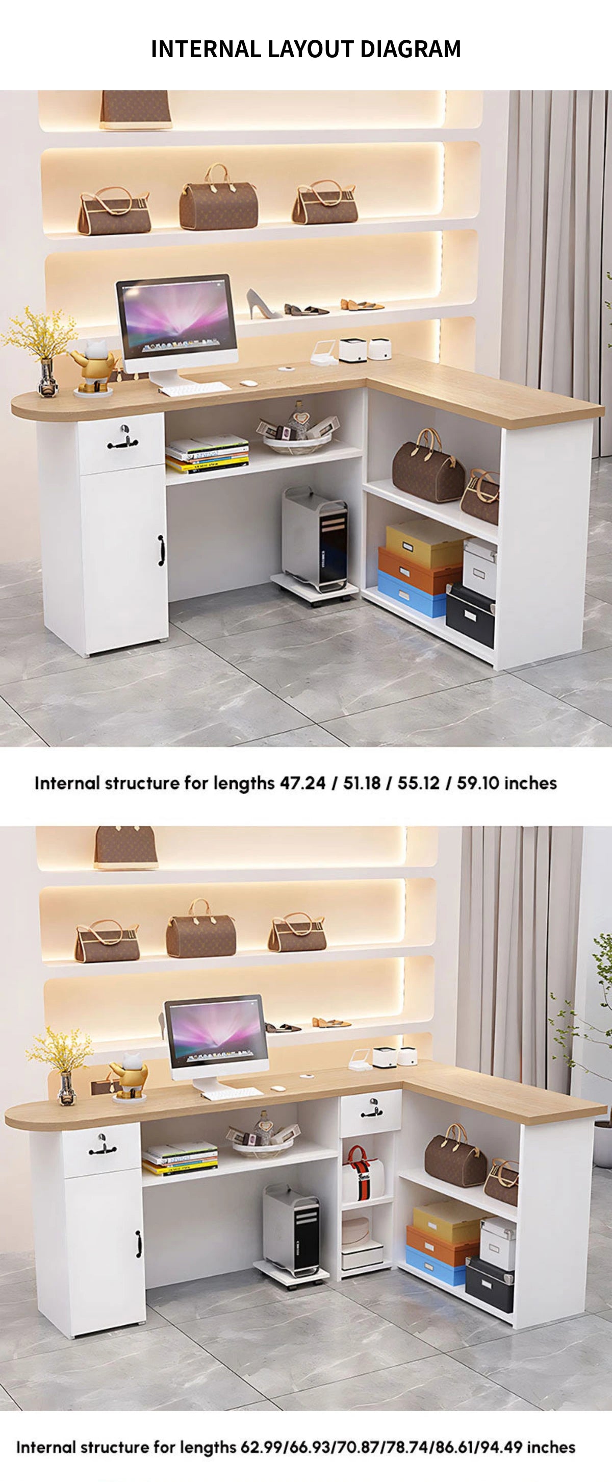 L-Shaped Reception Desk 59-79 in Wide with Cable Management, LED Lighting & File Drawers — Detail image 9