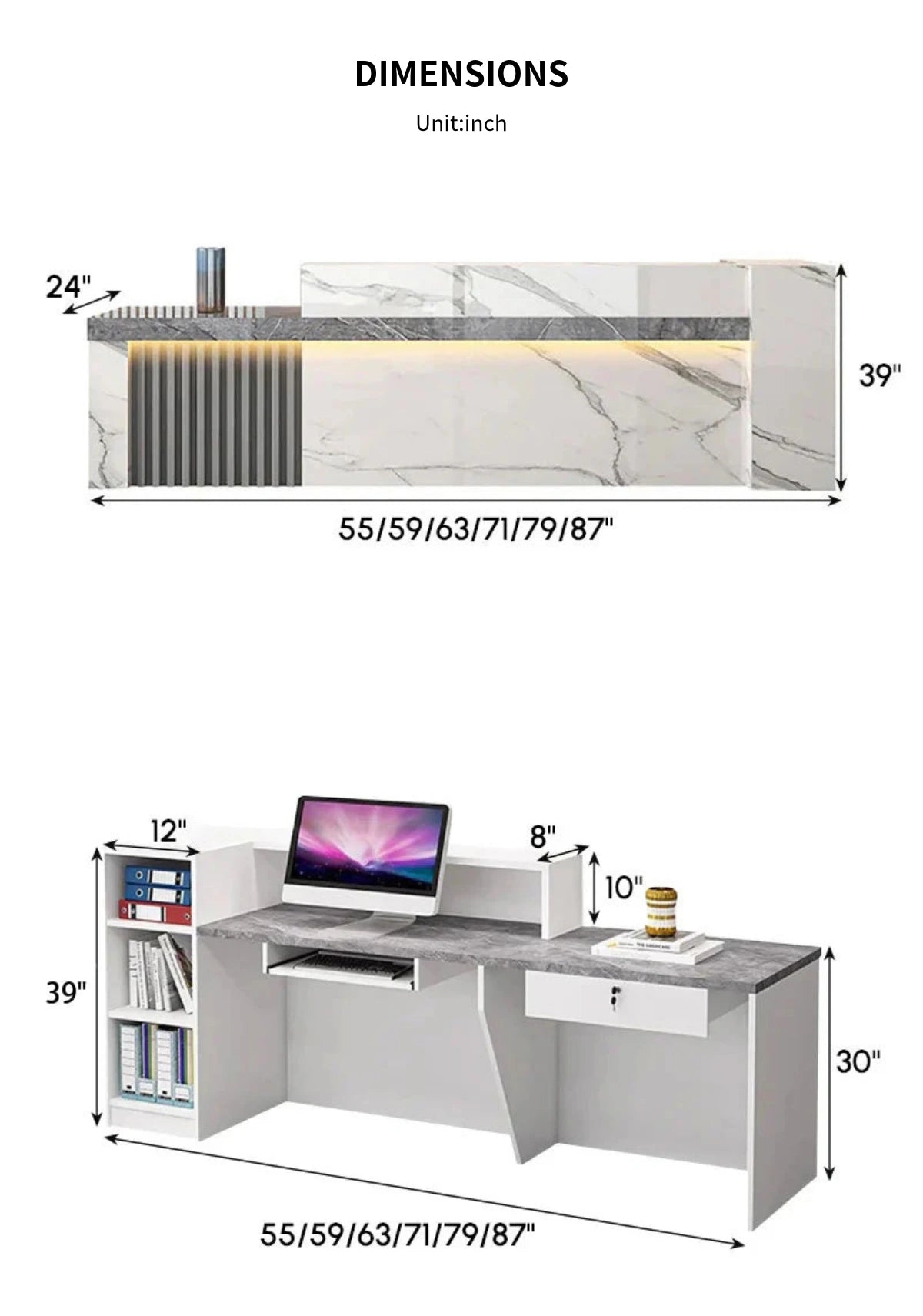 Retail Reception Desk 55-87 in Wide with Cable Management, Solid Wood & File Drawers — Detail image 14