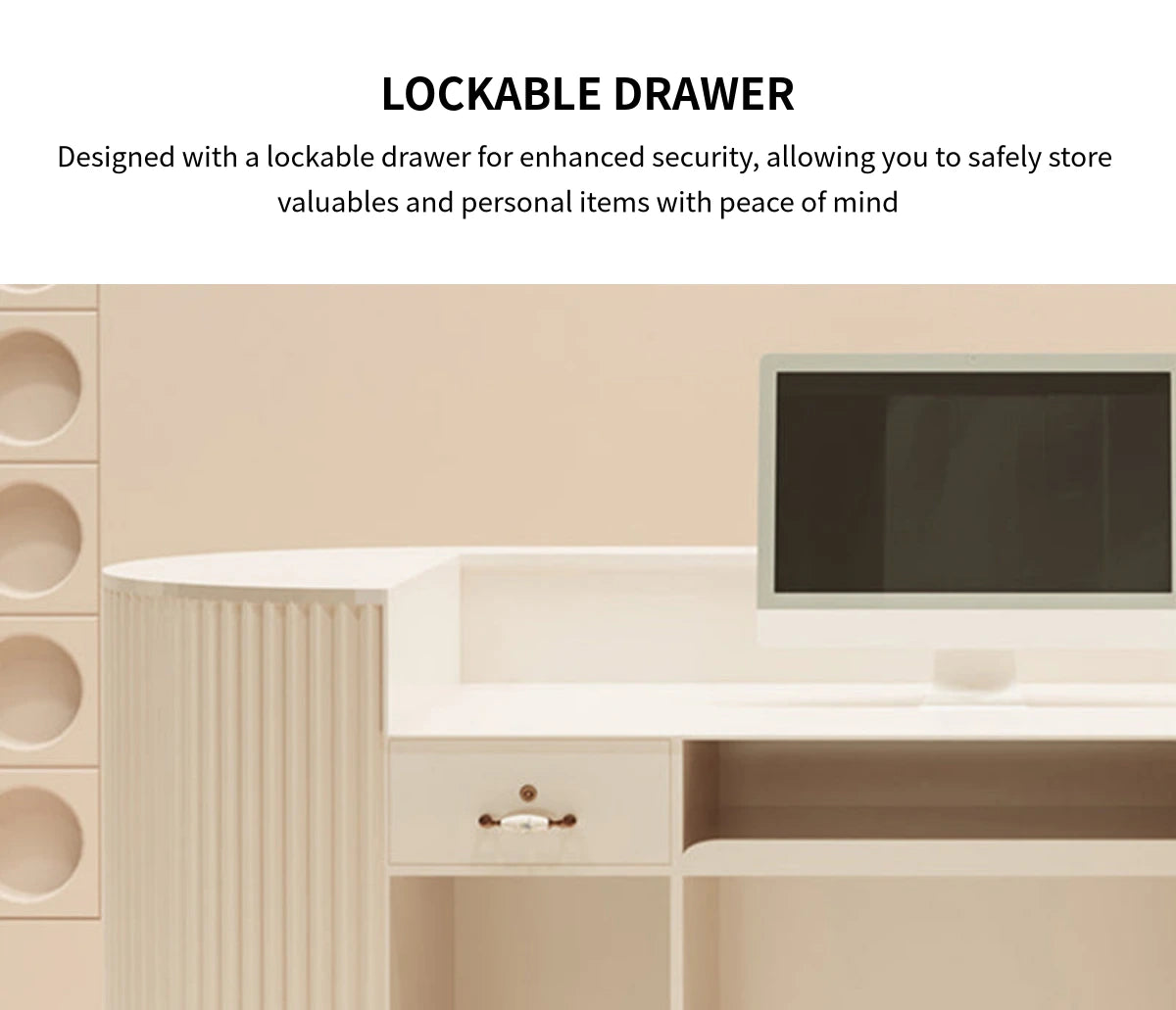Curved Reception Desk 63-142 in Wide with Keyboard Tray, File Drawers & Fluted Front — Detail image 6
