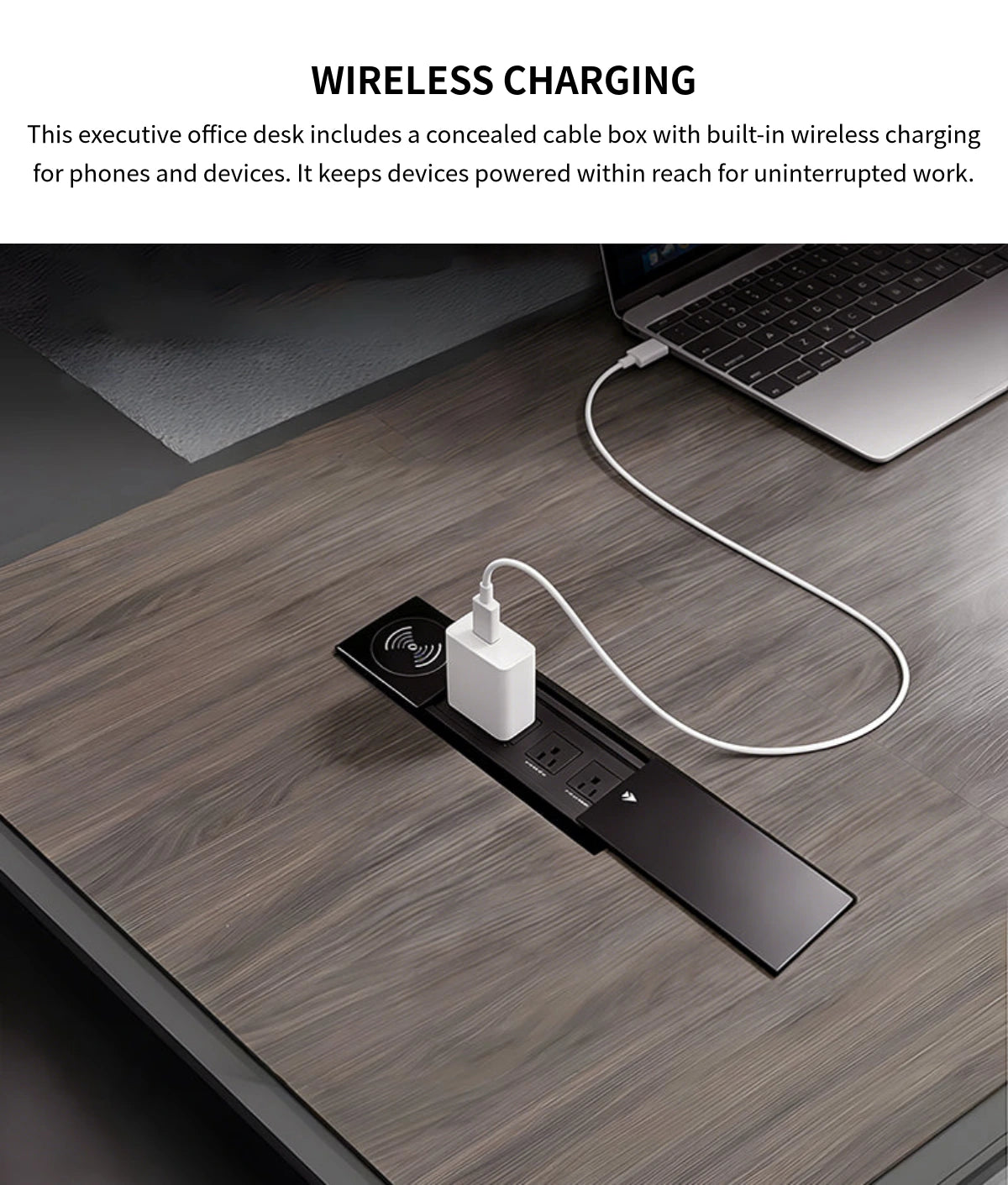 Modern Executive Desk with Wireless Charging, Curved & Cable Managemen — Detail image 2