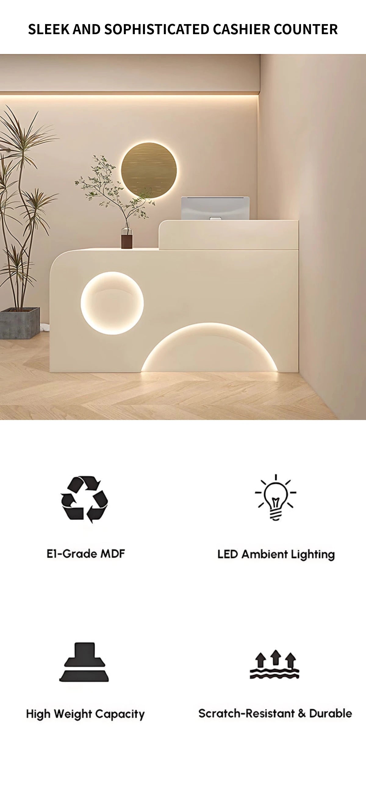 Curved Reception Desk 47-110 in Wide with LED Lighting, Lockable & Keyboard Tray for Salon — Detail image 2