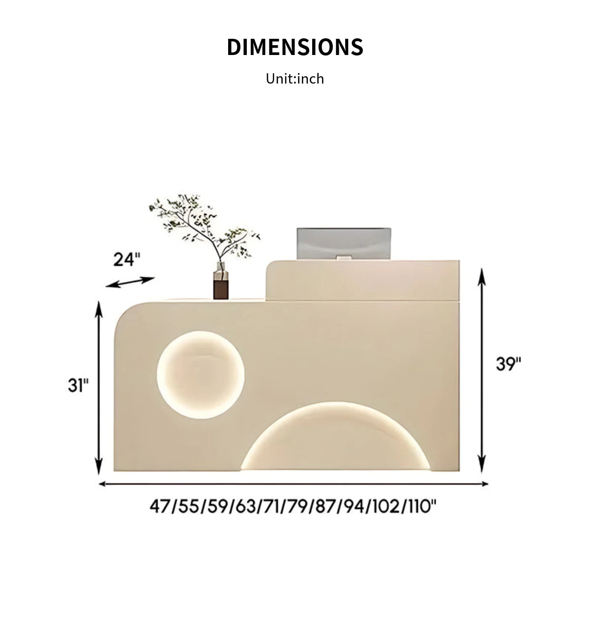 Curved Reception Desk 47-110 in Wide with LED Lighting, Lockable & Keyboard Tray for Salon — Detail image 15