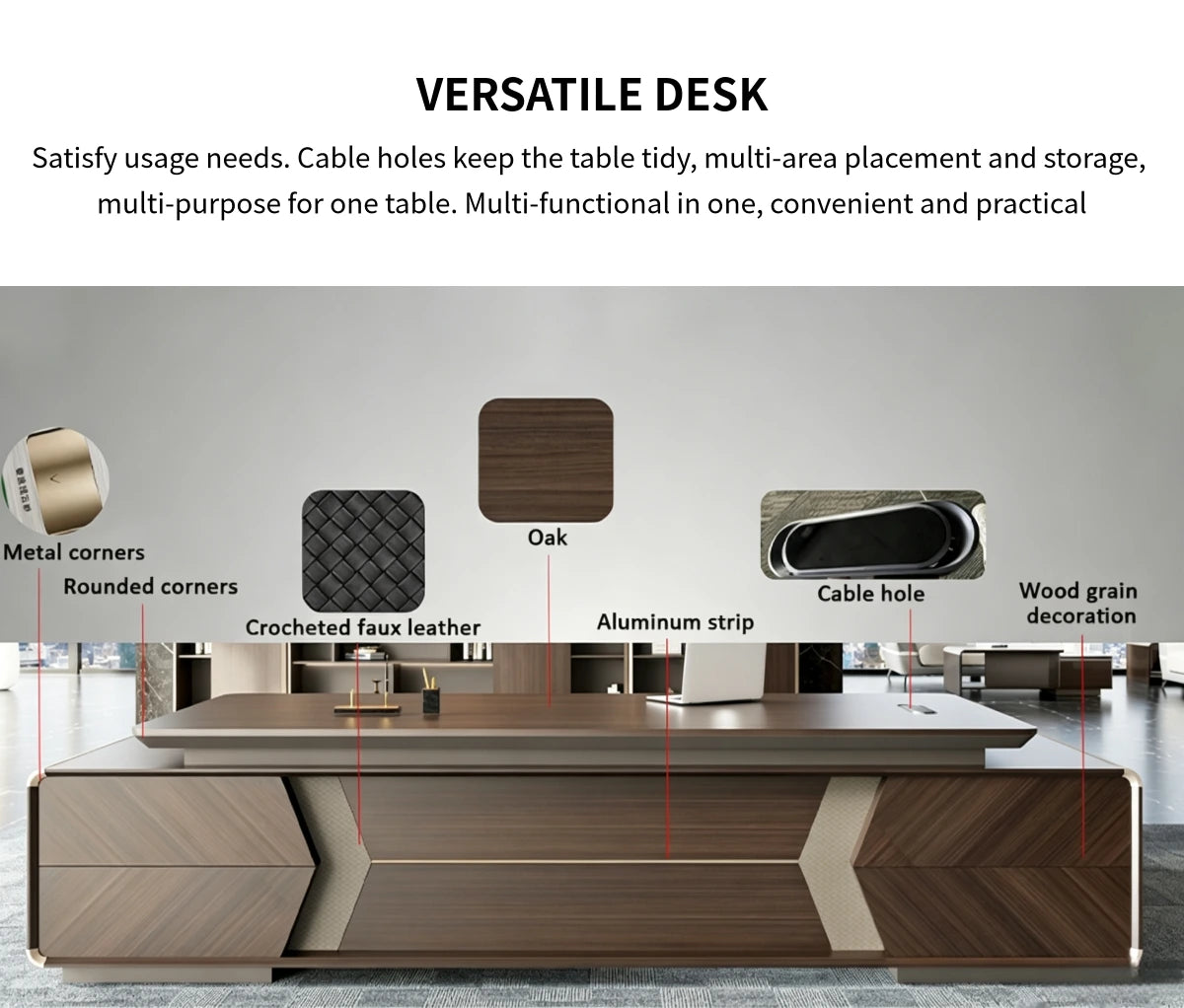 Modern Executive Desk with Lockable, File Drawers & Lumbar Support for Home Office — Detail image 4