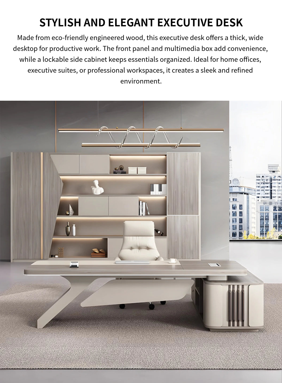L-Shaped Executive Desk with Cable Management, Built-In Outlets & Side Storage — Detail image 1