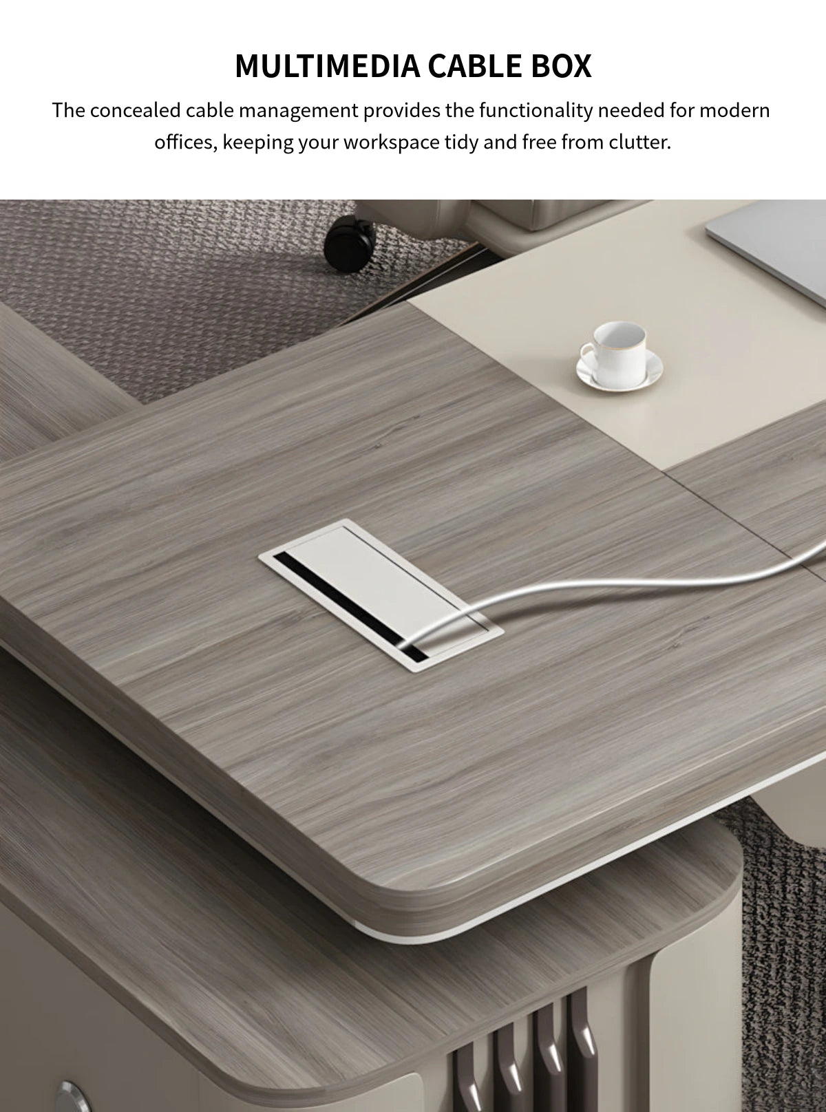 L-Shaped Executive Desk with Cable Management, Built-In Outlets & Side Storage — Detail image 7