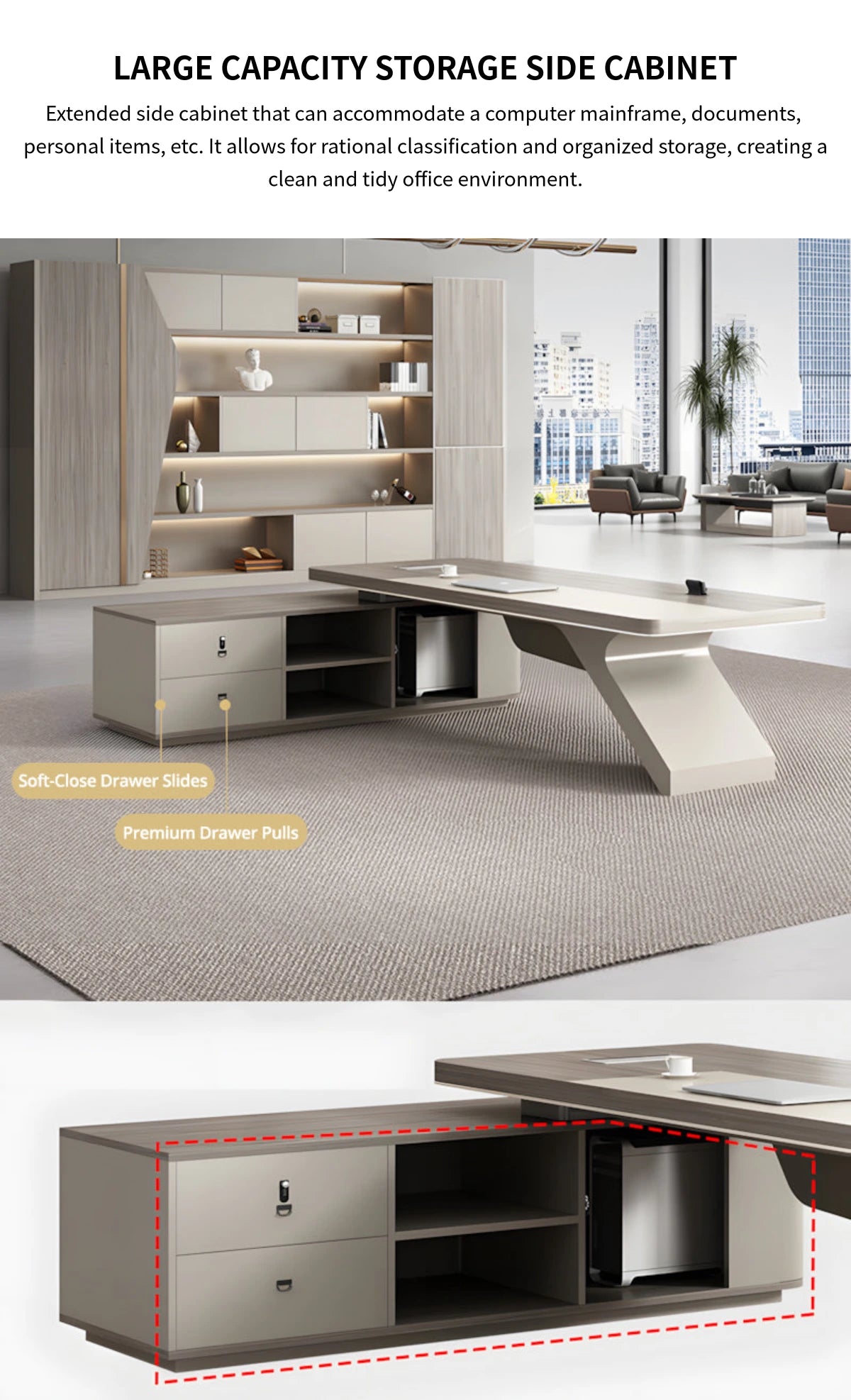 L-Shaped Executive Desk with Cable Management, Built-In Outlets & Side Storage — Detail image 10