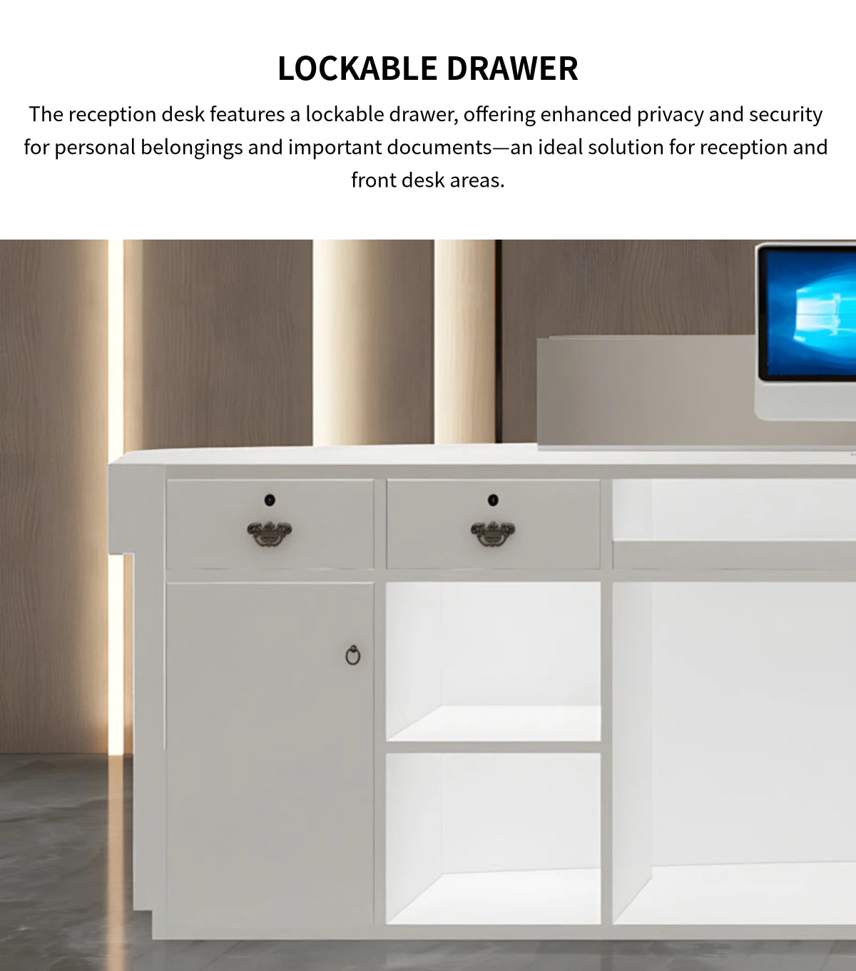 Curved Reception Desk with LED Lighting, Stainless Steel & File Drawers for Hotel Lobby — Detail image 6