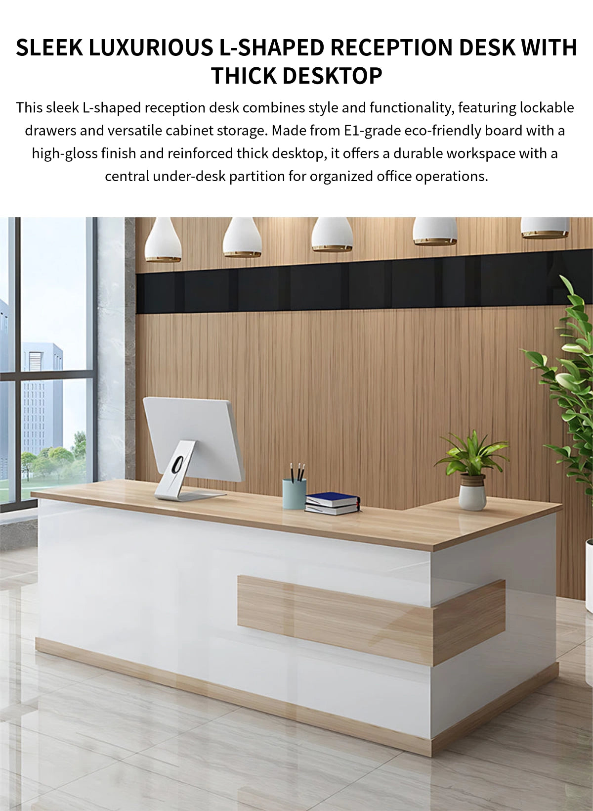 L-Shaped Reception Desk 39-142 in Wide with Lockable, File Drawers & Lumbar Support — Detail image 1