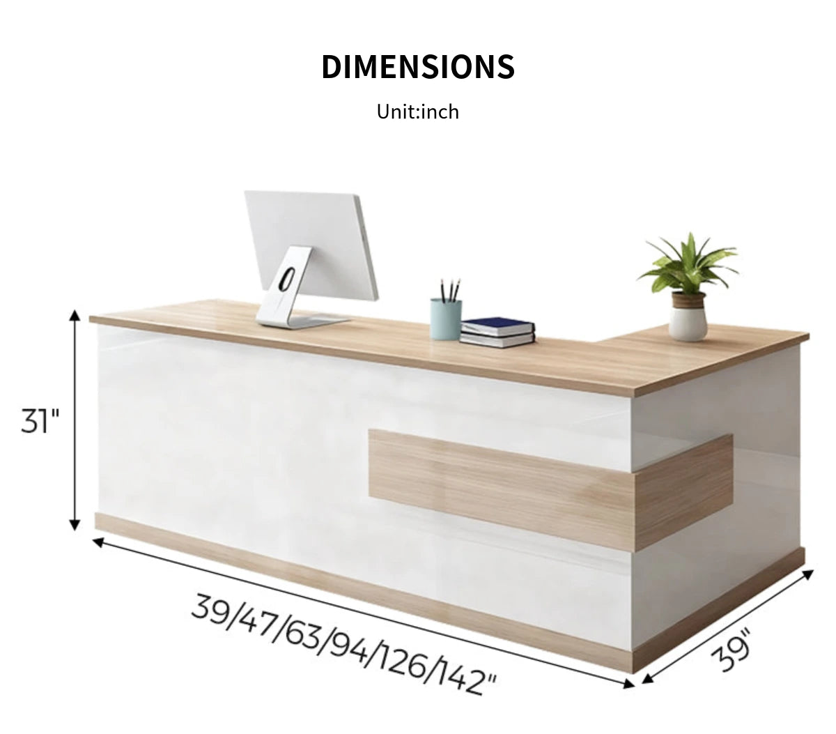 L-Shaped Reception Desk 39-142 in Wide with Lockable, File Drawers & Lumbar Support — Detail image 11