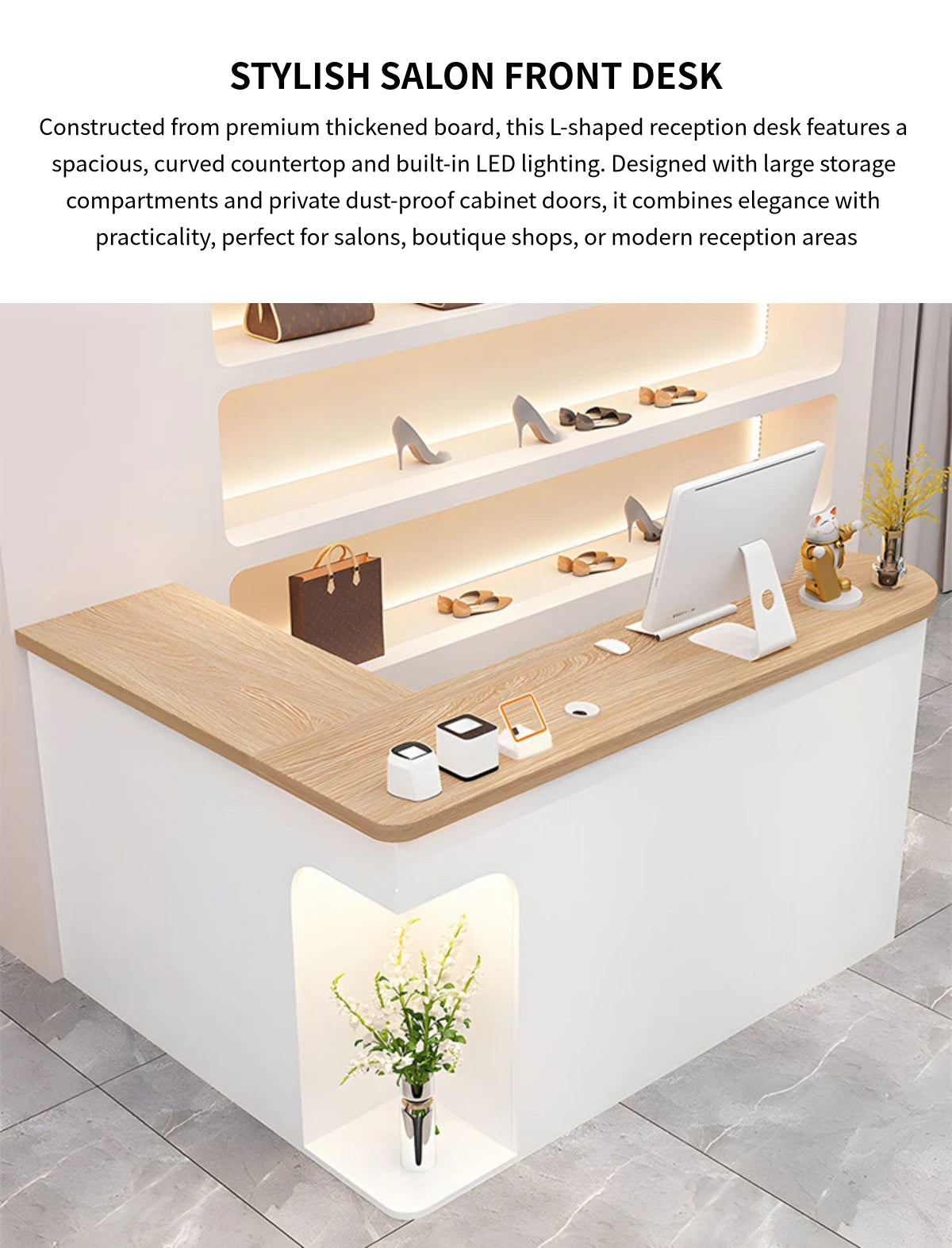 L-Shaped Reception Desk 51-87 in Wide with LED Lighting & Lumbar Support for Salon — Detail image 1