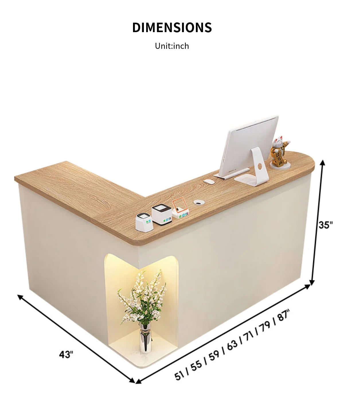 L-Shaped Reception Desk 51-87 in Wide with LED Lighting & Lumbar Support for Salon — Detail image 13