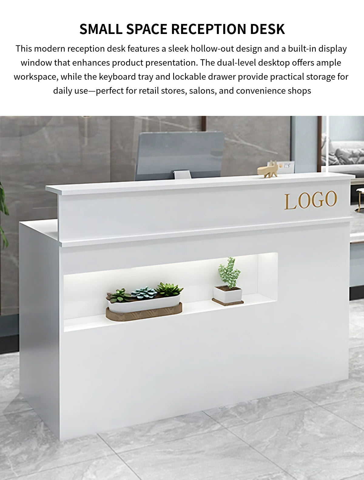 Curved Reception Desk 31-59 in Wide with Lockable, Keyboard Tray & File Drawers for Salon — Detail image 1