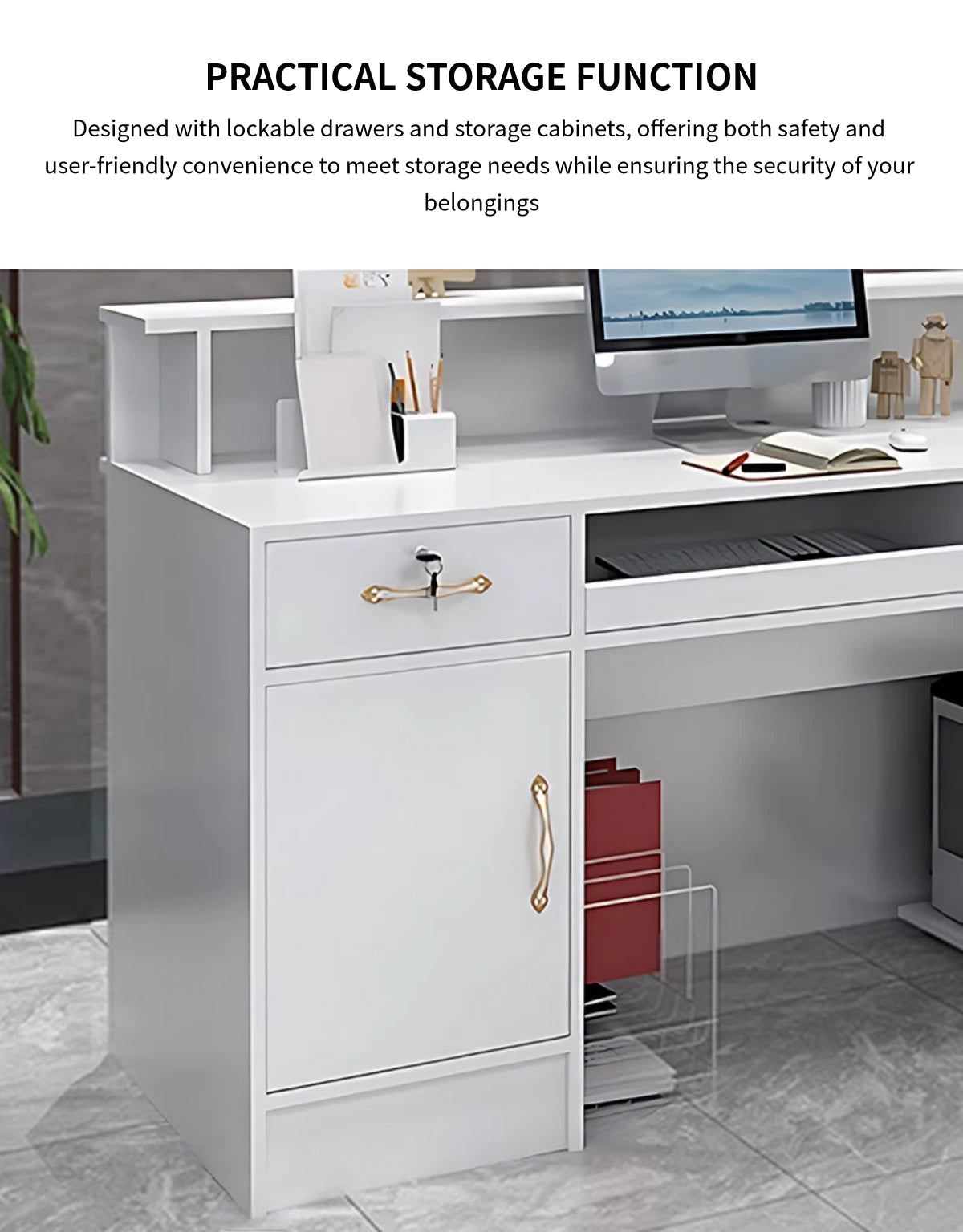Curved Reception Desk 31-59 in Wide with Lockable, Keyboard Tray & File Drawers for Salon — Detail image 7