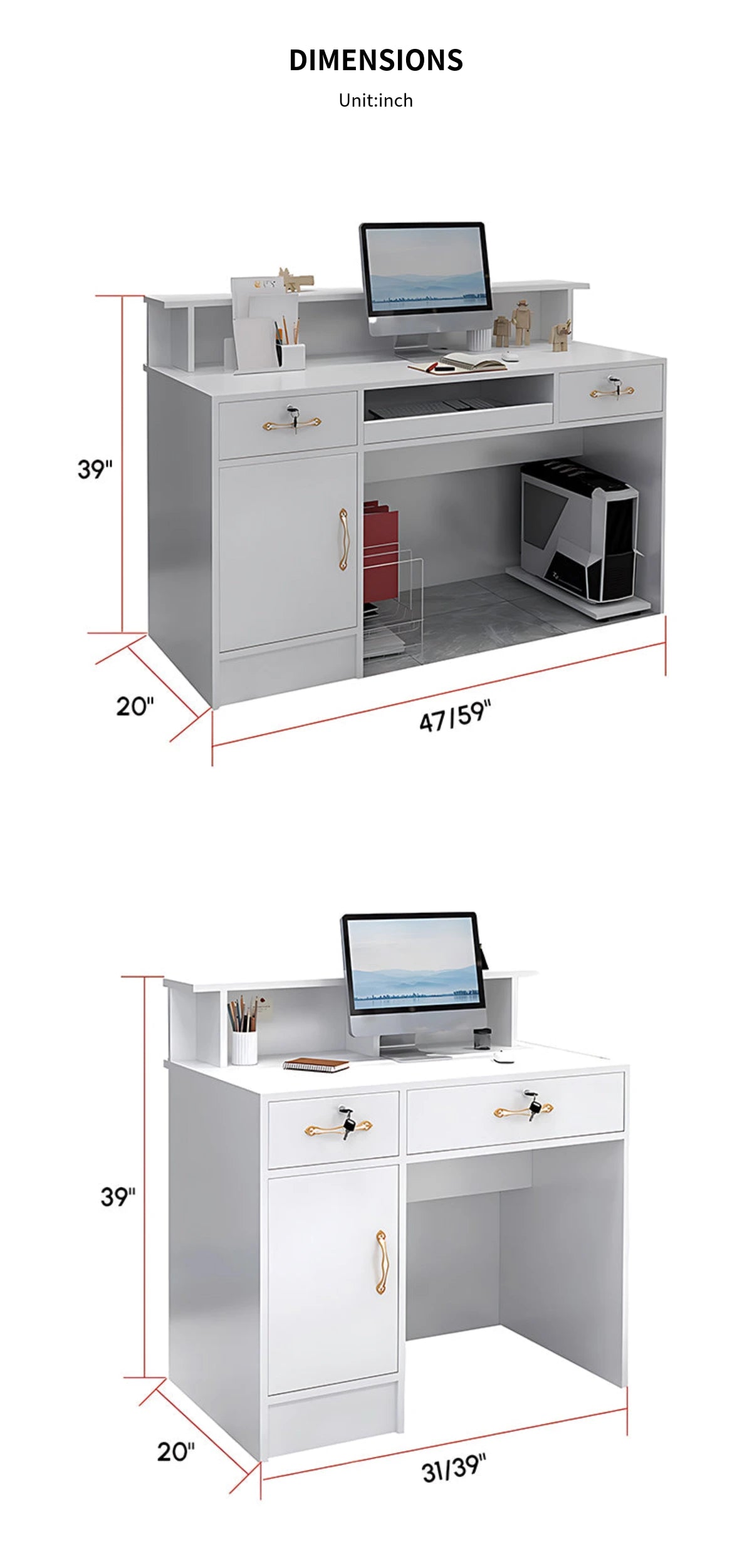 Curved Reception Desk 31-59 in Wide with Lockable, Keyboard Tray & File Drawers for Salon — Detail image 11