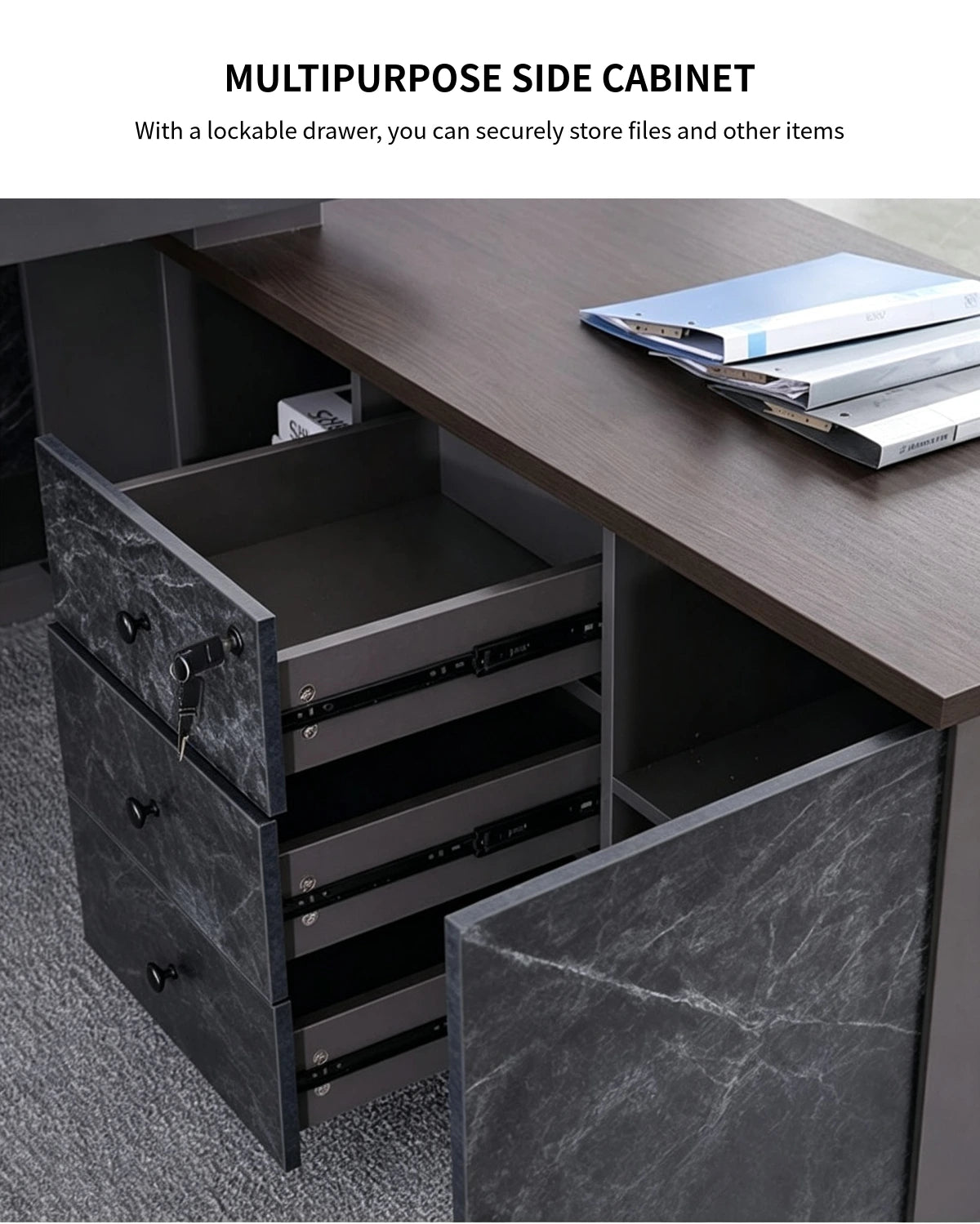 Modern Executive Desk with Side Storage, Marble Top & Cable Management for Home Office — Detail image 5
