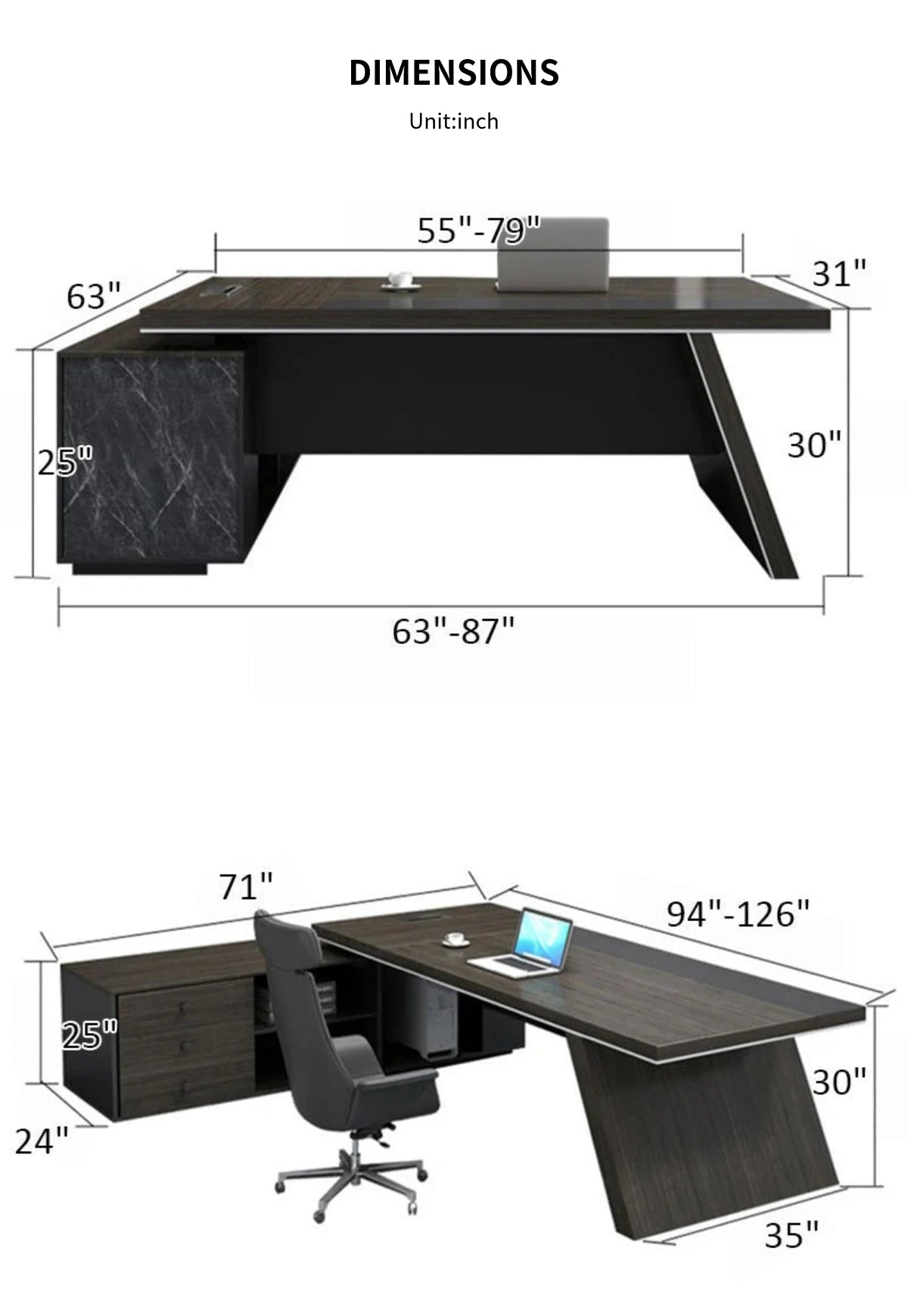 Modern Executive Desk with Side Storage, Marble Top & Cable Management for Home Office — Detail image 8