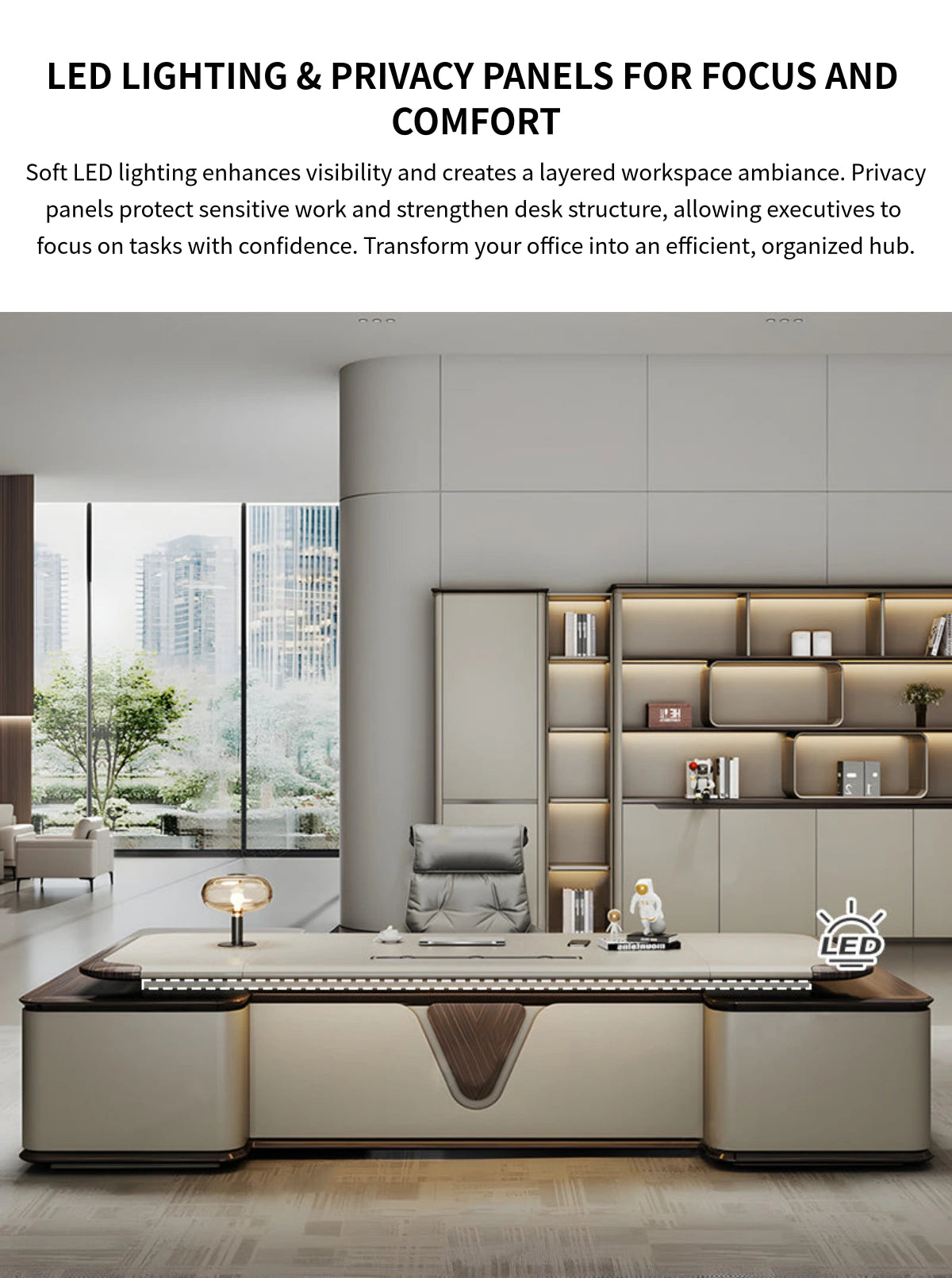Modern Executive Desk with Curved, LED Lighting & Side Storage for Home Office — Detail image 5