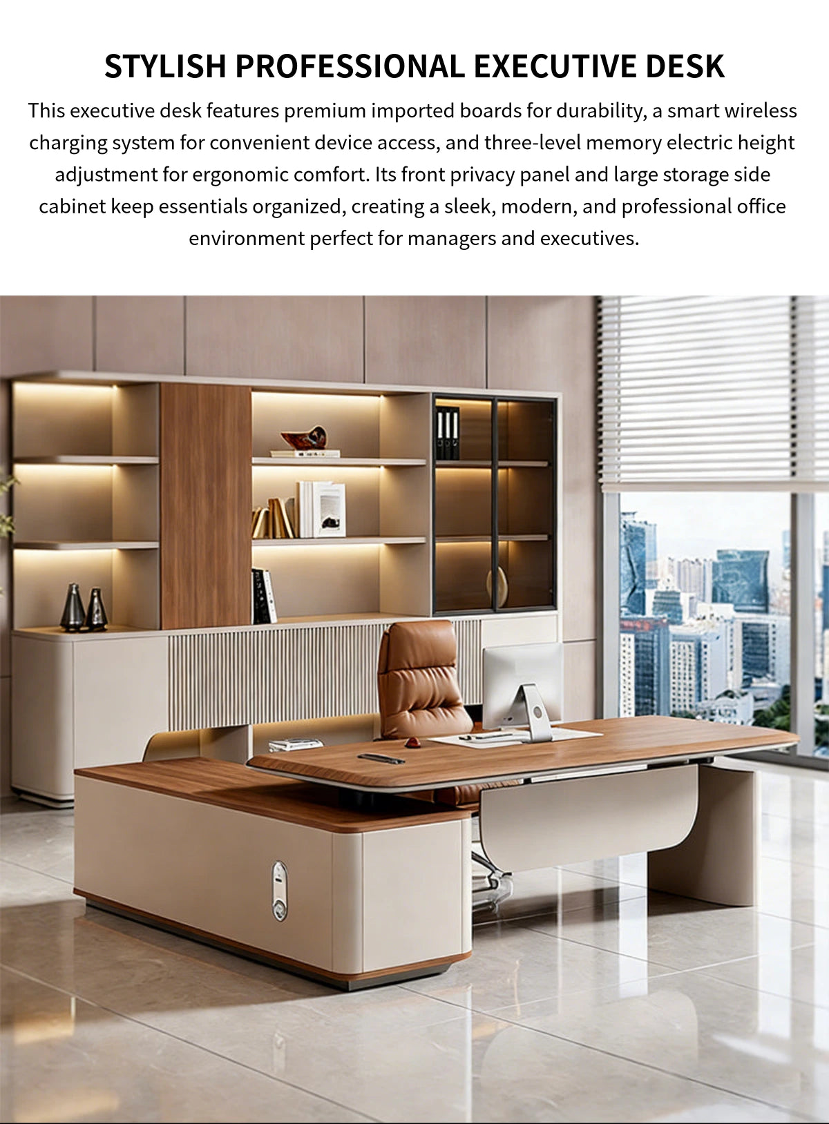 Modern Executive Desk 71-126 in Wide with USB Ports, Wireless Charging & Cable Management — Detail image 1