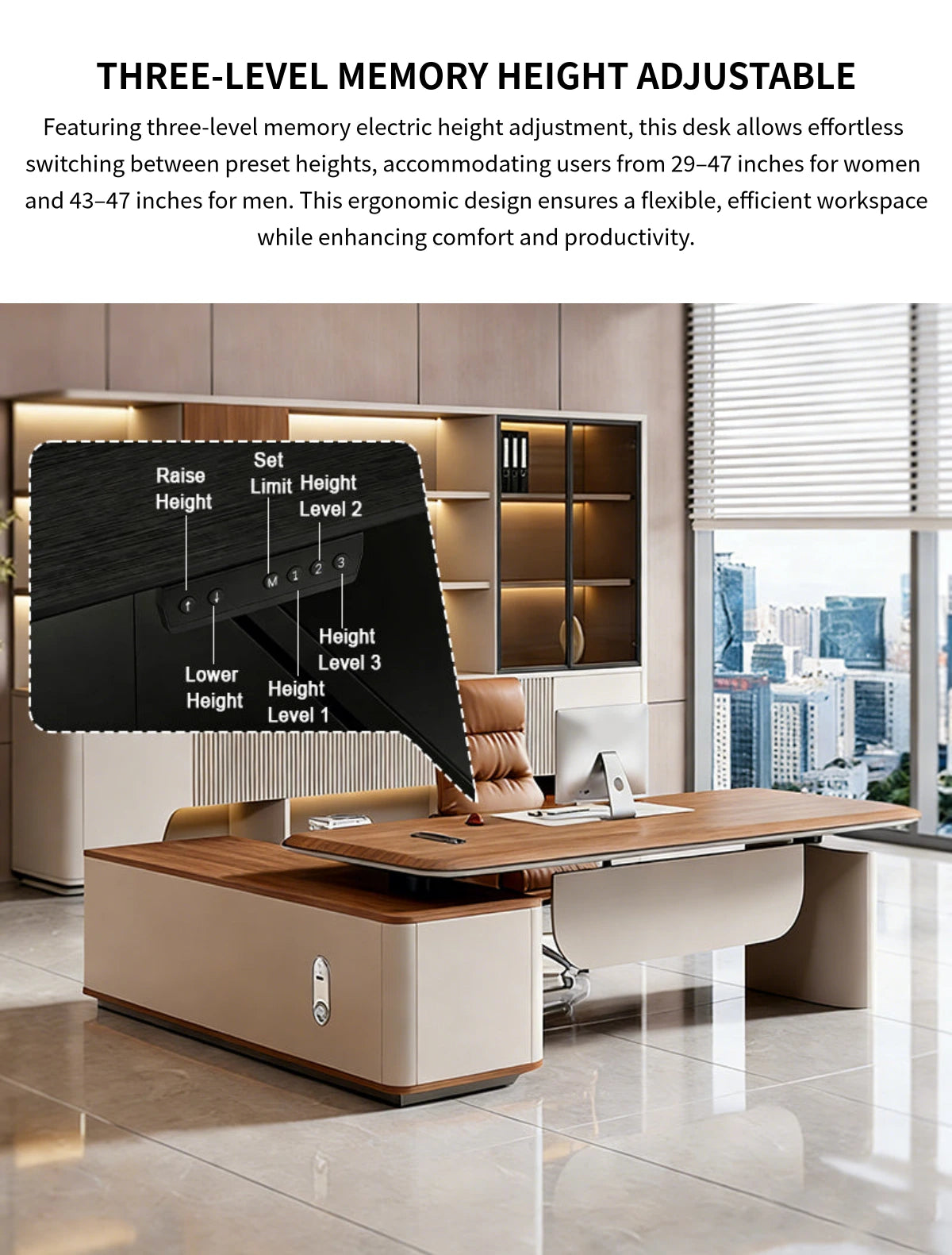 Modern Executive Desk 71-126 in Wide with USB Ports, Wireless Charging & Cable Management — Detail image 5