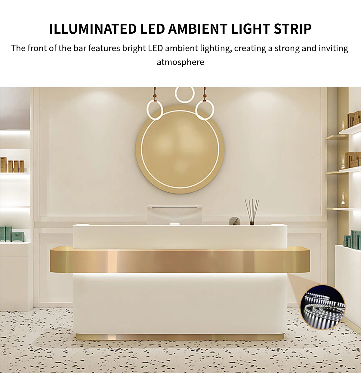 Curved Reception Desk 71-142 in Wide with LED Lighting & Stainless Steel for Salon — Detail image 5