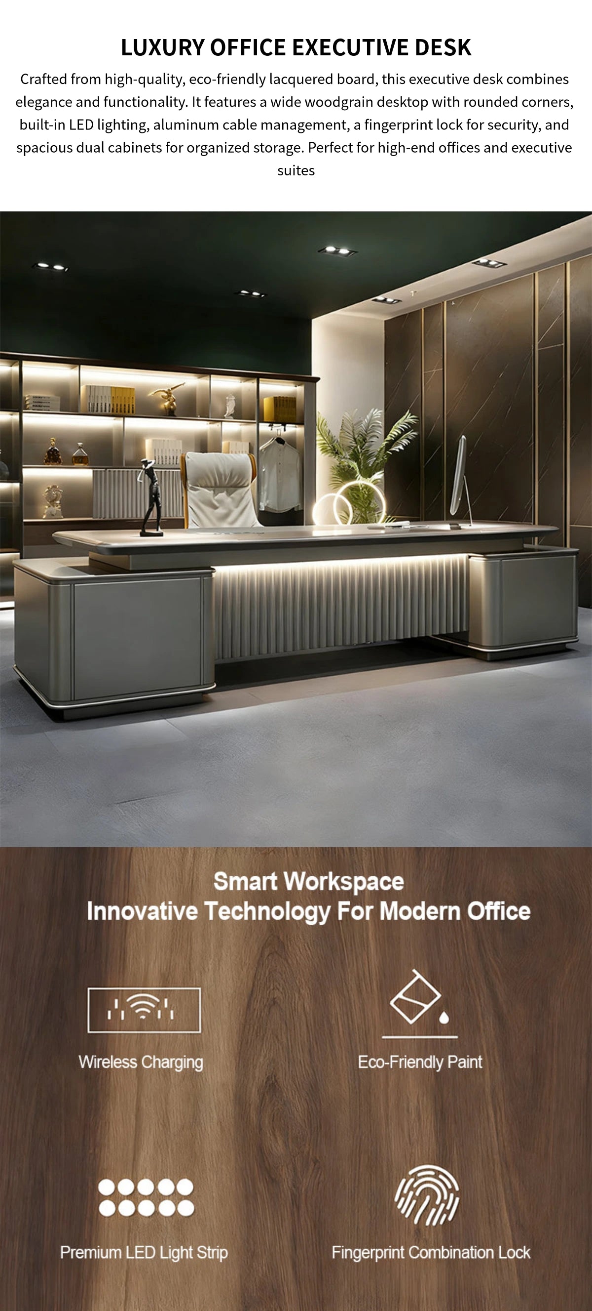 Modern Executive Desk with Curved, Cable Management & LED Lighting for Home Office — Detail image 1