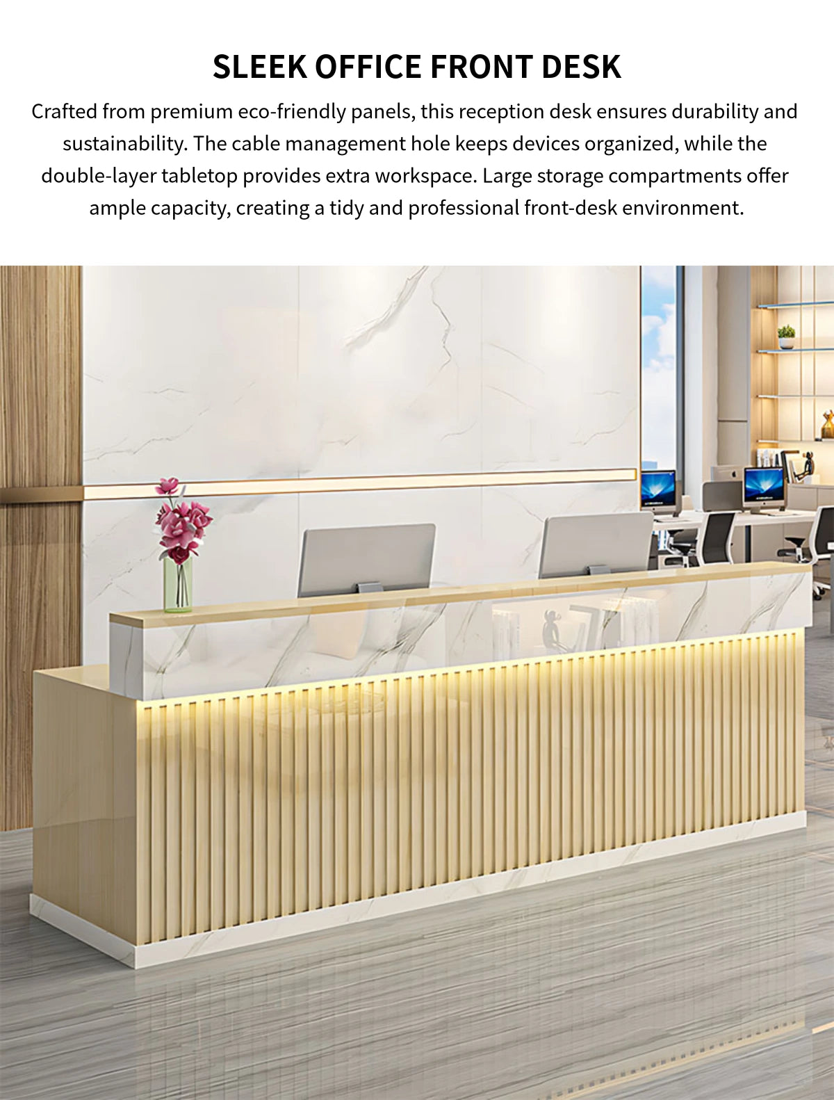 Retail Reception Desk 47-79 in Wide with Cable Management, LED Lighting & Keyboard Tray — Detail image 1