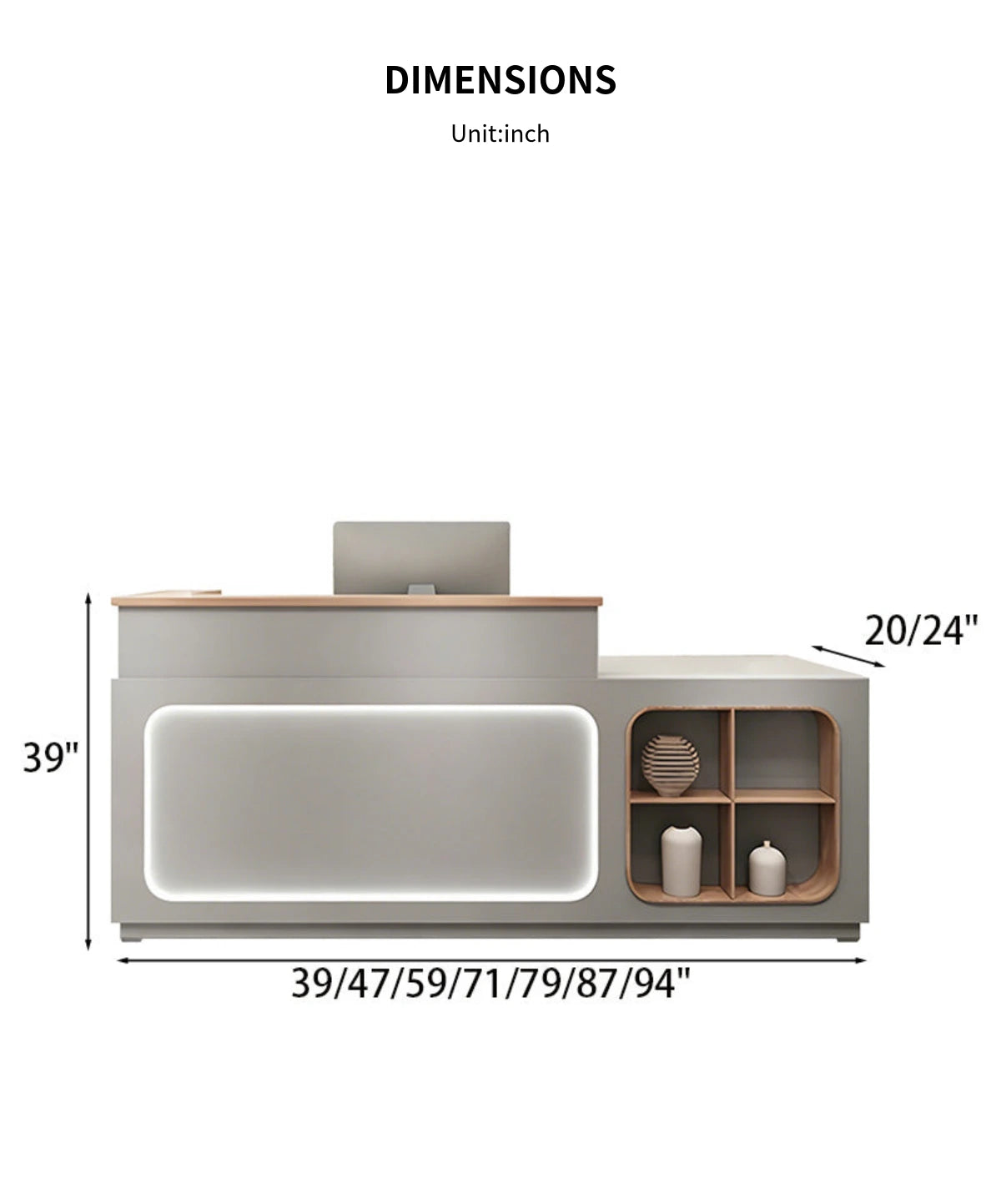 Curved Reception Desk 39-94 in Wide with LED Lighting, Keyboard Tray & Cable Management — Detail image 11