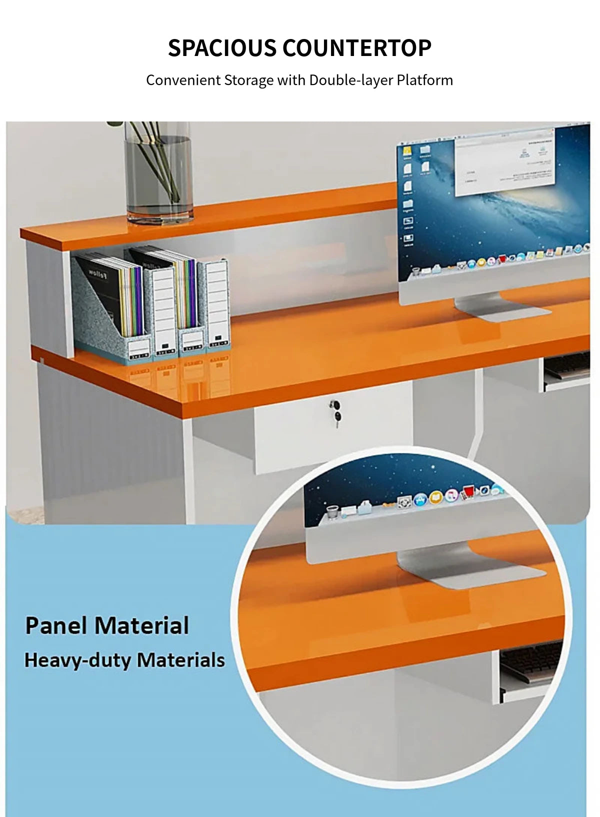 L-Shaped Reception Desk 59-102 in Wide with Lockable, File Drawers & Transaction Counter — Detail image 3